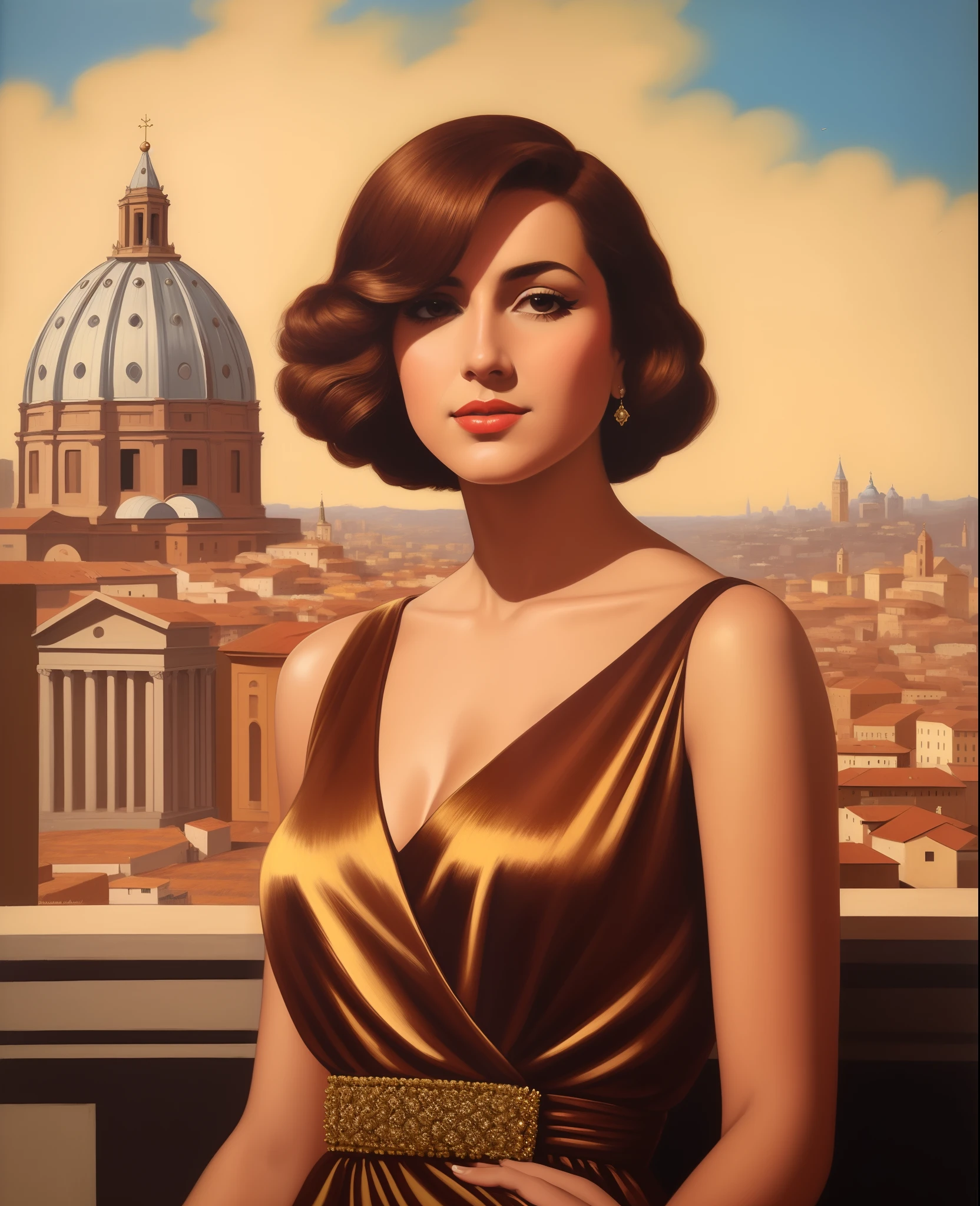 framed painting of a woman in a brown dress sitting on a ledge, inspirado em Art Frahm, inspirado em Carlo Mense, inspirado em Vladimir Tretchikoff, na empresa Carlo People, Directed by: Vladimir Tretchikoff, inspirado em Antonio Ciseri, Nelson Kenton, Diego Dayer, rome backdrop, inspirado em Romano Vio