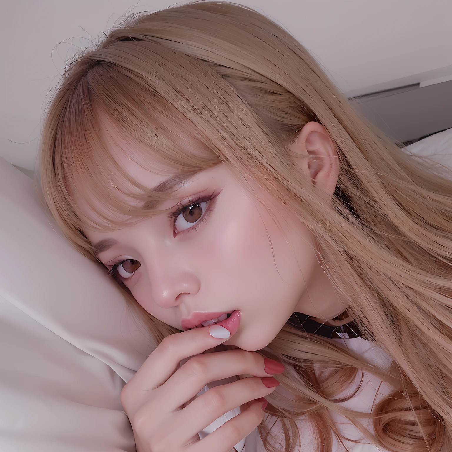 Close-up of a girl with long dark hair and a white shirt, Larisa Manobal, ulzzangs, shikamimi, long hair and bangs, pale red, Lalisa Manoban in blackpink, sakimichan, hime-cut, chiho, Junko Enoshima, Black bangs, With bangs, hair blackbangs hair