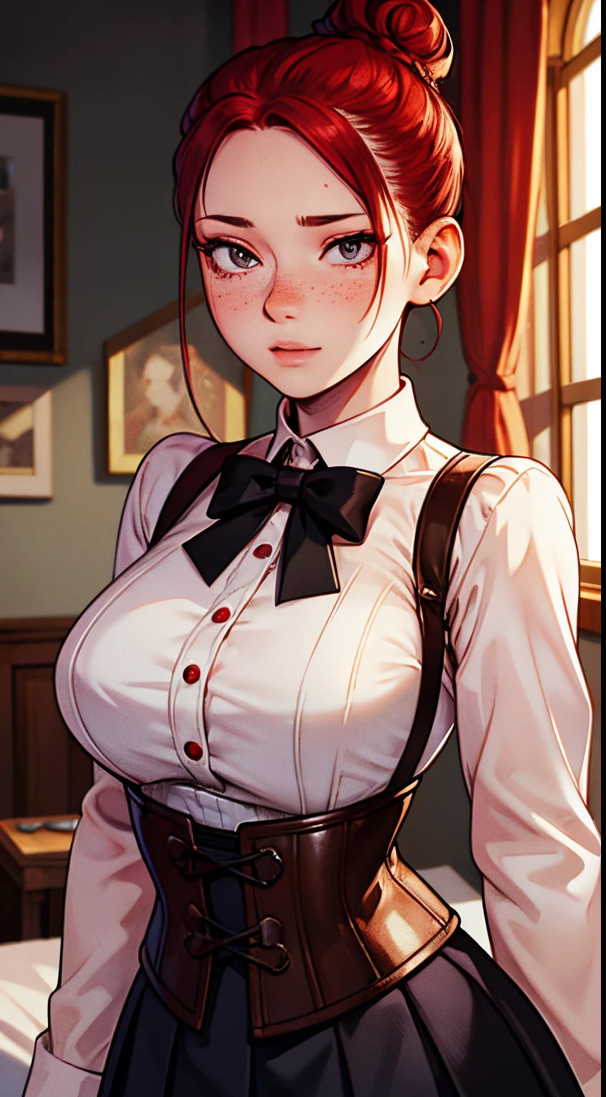 highly detailed, skindentation, pale woman with freckles, detailed face, ultra cute face,big chest, slim, red hair, hair bun, bangs, blushing, dress shirt, corset, skirt, dark bedroom, masterpiece, best quality, perfect anatomy, highres, detailed, 1girl, smug, full body