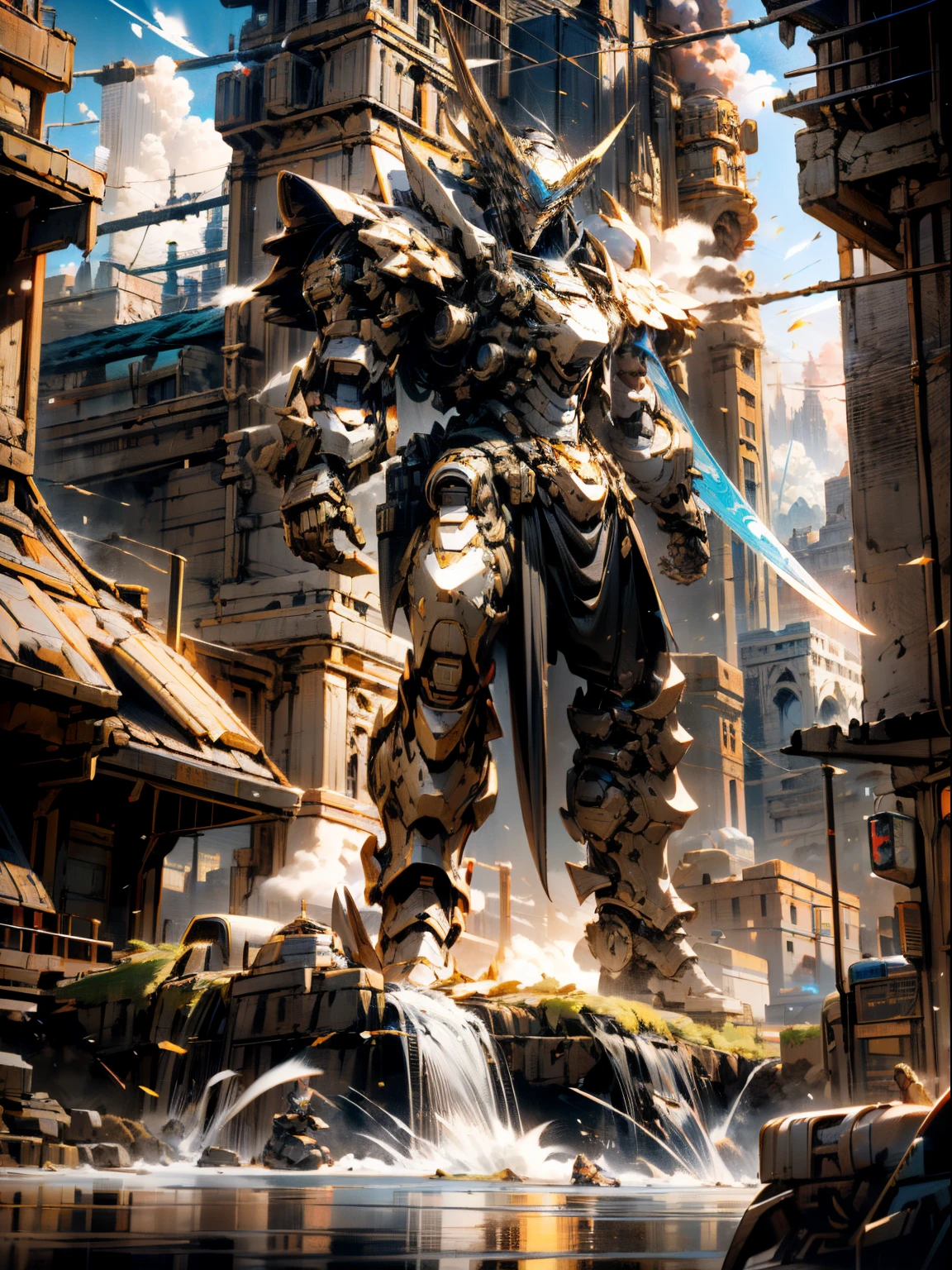 figure or robot in armor, in the style of photorealistic fantasies, 32k uhd, dark, red, intricate patterns and details, aurorapunk, dark black and bronze, unreal engine 5, Cool post pose, Gigantic Sword with High Technology hold in right hand, Flying, City Burning.