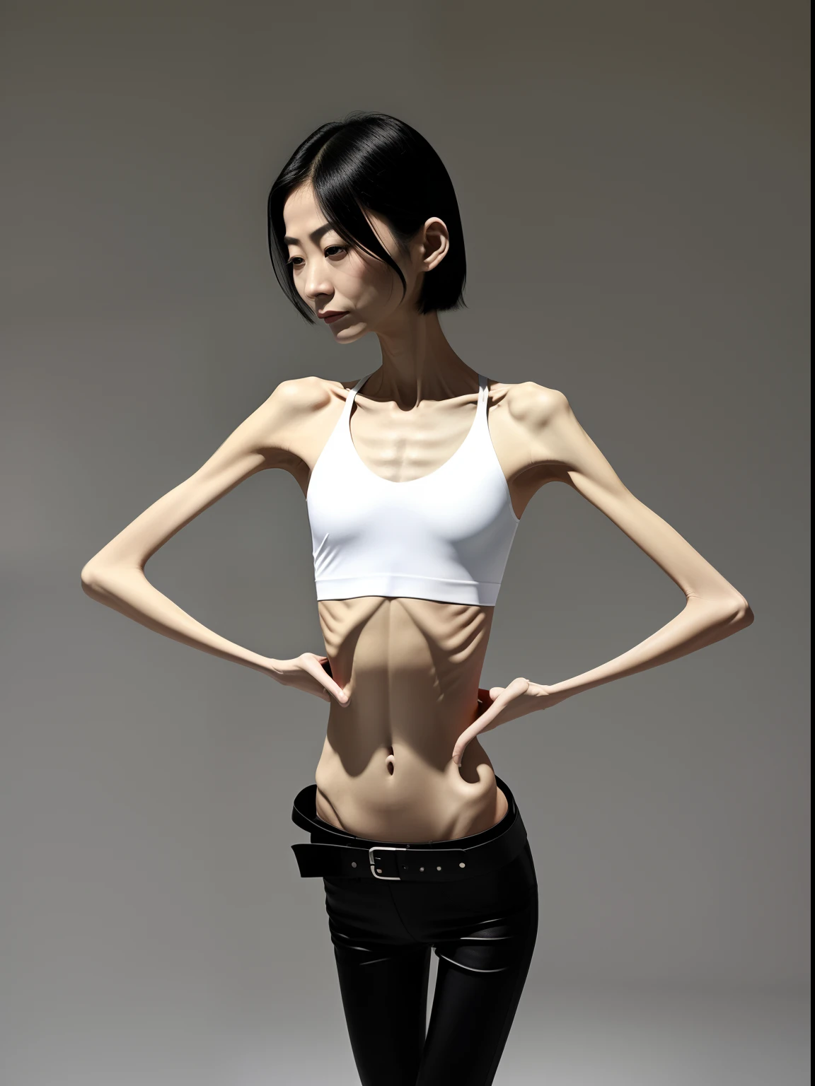 Extremely thin man, A thin body,Protruding sternum,The waist is very thin,The ribs are noticeable,Protruding ribs,The pelvic protrusion is very obvious,The pelvis is markedly elevated,Legs are just skin and bones,White skin of the,thin shoulde,The waist is very thin,Sunken abdomen,Delicate arms,hunger,The lower abdomen is depressed,Short hair details,Wear tight leather pants,Asia face,The waist is particularly thin,Cross your hands at your waist,angry look,Excessive weight loss,The face is sunken and thin,Severe malnutrition,Muscle atrophy,Incompetent men