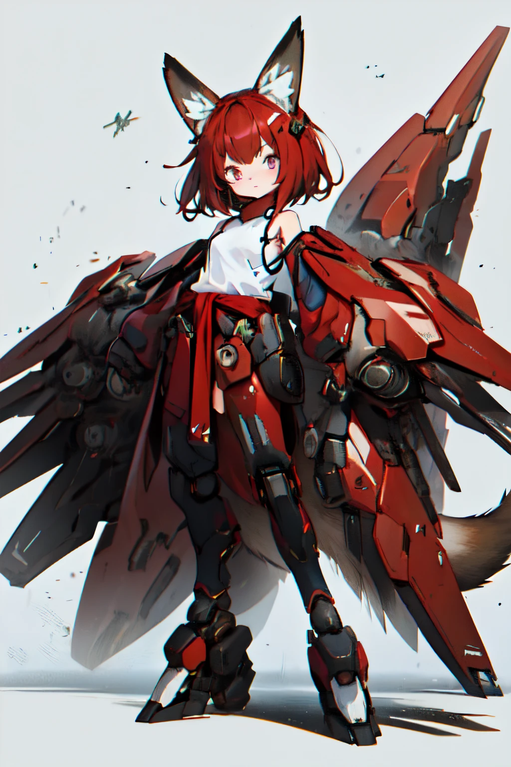 Masterpiece, intricate, anime style, full body, 1girl, rakkun, racoon girl, racoon ears, 1tail, fluffy tail, racoon tail, brown and light brown ringed tail, red and blue eyes blurred, short hair, red inner hair, brown hair, a strand of hair on the left side, red hair strips, short black shirt uncovered on the shoulders and with a black mesh with black borders up to the collar, polo shirt, short black skitr whit dark red checkered, black belt around the waist, looking at viewer, best quality, 4k,highres, professional art, professional drawing, professional lineart, outlined markers