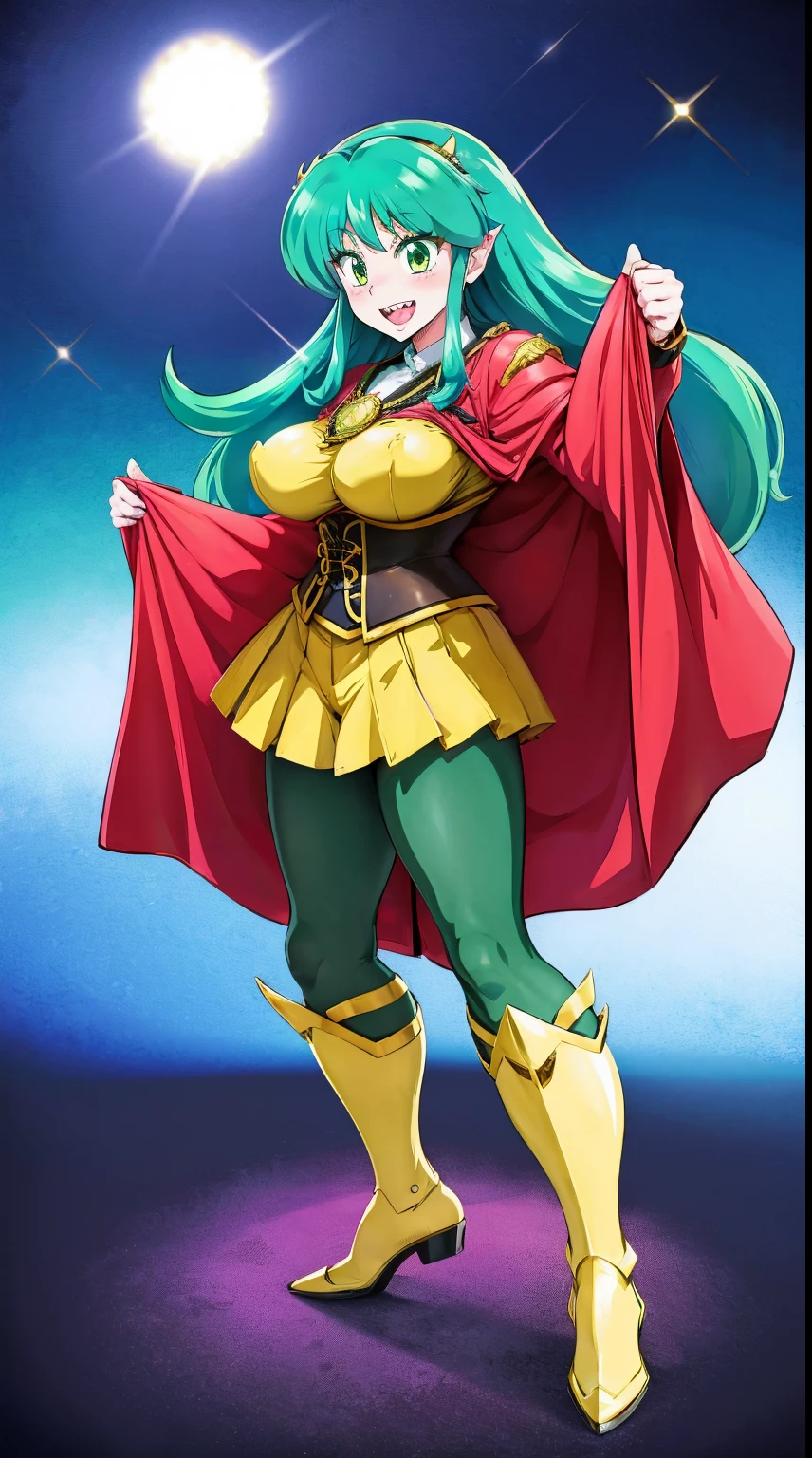 masterpiece, best quality,, corset, breastplate,lum, , urusei yatsura, cloak, pants, pullover kimono,martial pov,, pantyhose, sharpteeth, standing,smile, matial art,, full body, boots , pant, medium breast, pants, pullover,martial pov,god rays, ray tracing, sparkle, cinematic lighting, UHD, retina, masterpiece, ccurate, anatomically correct, textured skin, super detail, high details, high quality, award winning, best quality, highres, 1080P, HD, 4K, thunder aura, light aura, sharpteeth,, super powers, full body, standing, kimono,woman-medieval-clothes, fangs, smile, green hair,, teeth, big breast, long hir