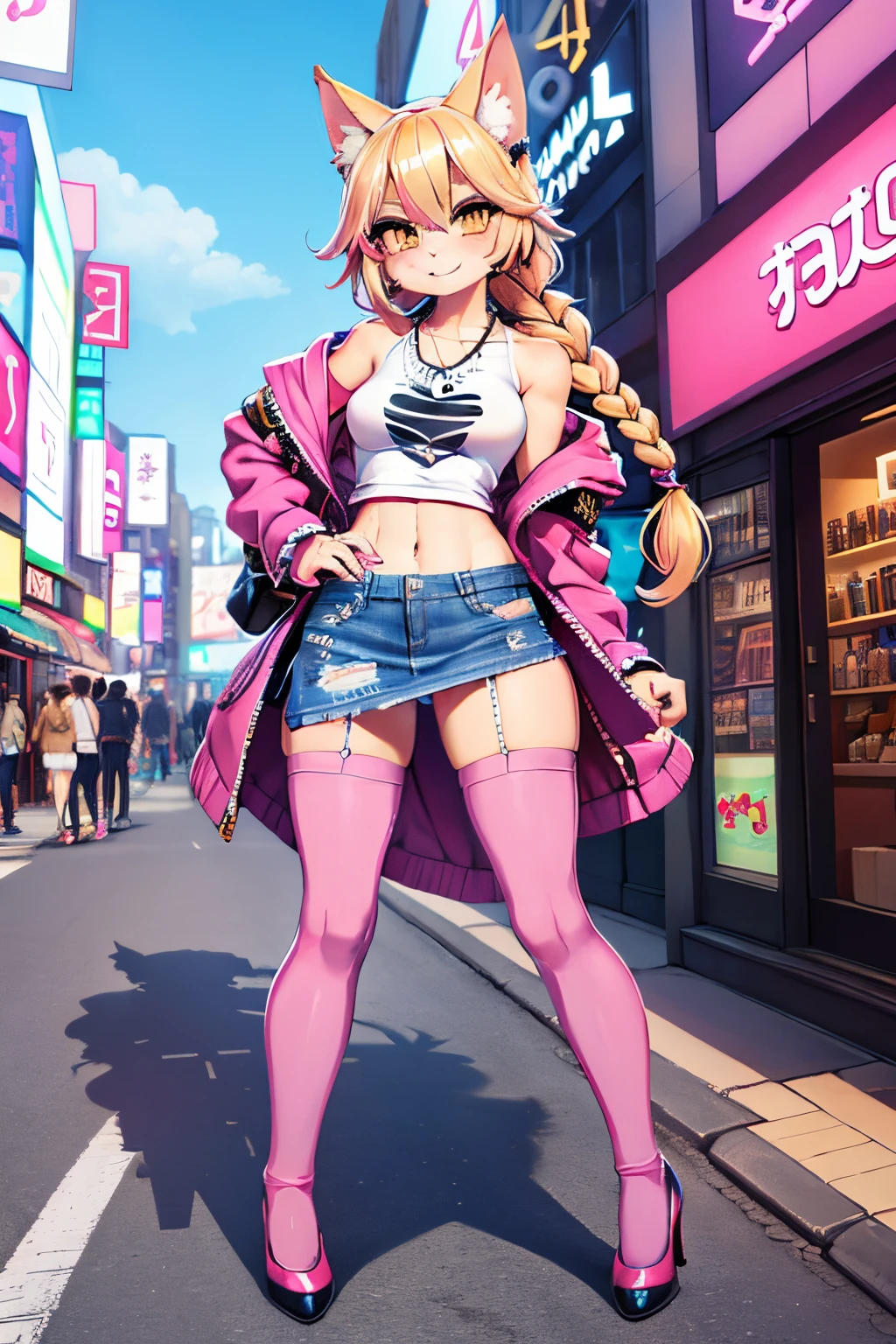 Professional Photography, ((Harajuku district)), [vibrant street art], (eclectic shops), avant-garde fashion, 
BREAK, 
Catgirl, blonde hair, detailed eyes, perfect face, full body, long legs, smile, braid, medium breast, Yellow eyes, High Heels, upskirt, on one leg, enthusiastic,
BREAK, 
(((pink thigh-highs))) and intricate details, sleek and form-fitting skirt, bold color palette, playful jewelry, 
BREAK, 
eclectic mix of fashion, (layered clothing styles), ((vibrant mismatched patterns)), oversized statement jacket adorned with patches and badges, (distressed denim skirt with unique embellishments), neon-colored graphic tanktop and playful embroidery, ((hands trying to cover panties from being exposed by the wind))