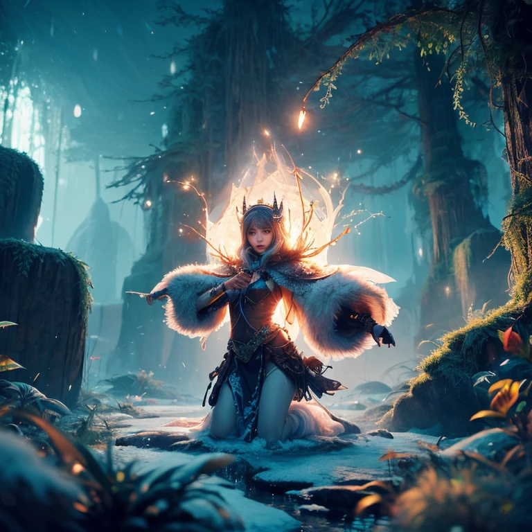 tmasterpiece,Best quality at best,high high quality,extremely detaile,8K,Fantastic snow and ice jungle, queen of ice and storm, goddess of winter,Colorful ice magic,glowing sprites,Natural elements in the forest theme,Colorful snow and ice jungle,Epic fantasy art style,Delicate leaves and branches are surrounded by fireflies(nature elements),(Jungle theme),(Foliage),(tree branch),(glowworm),(Particle effect)and other 3D, Octane rendering,Ray traching,Super meticulous,Depicting the harmony between man and nature, Epic fantasy art style, Epic fantasy art style HD, Epic fantasy digital art style, by Yang J, trending on artstation pixiv, Winter queen, Anime fantasy illustration, beautiful ancient frost witch, Arte conceitual de inverno, ice sorceress