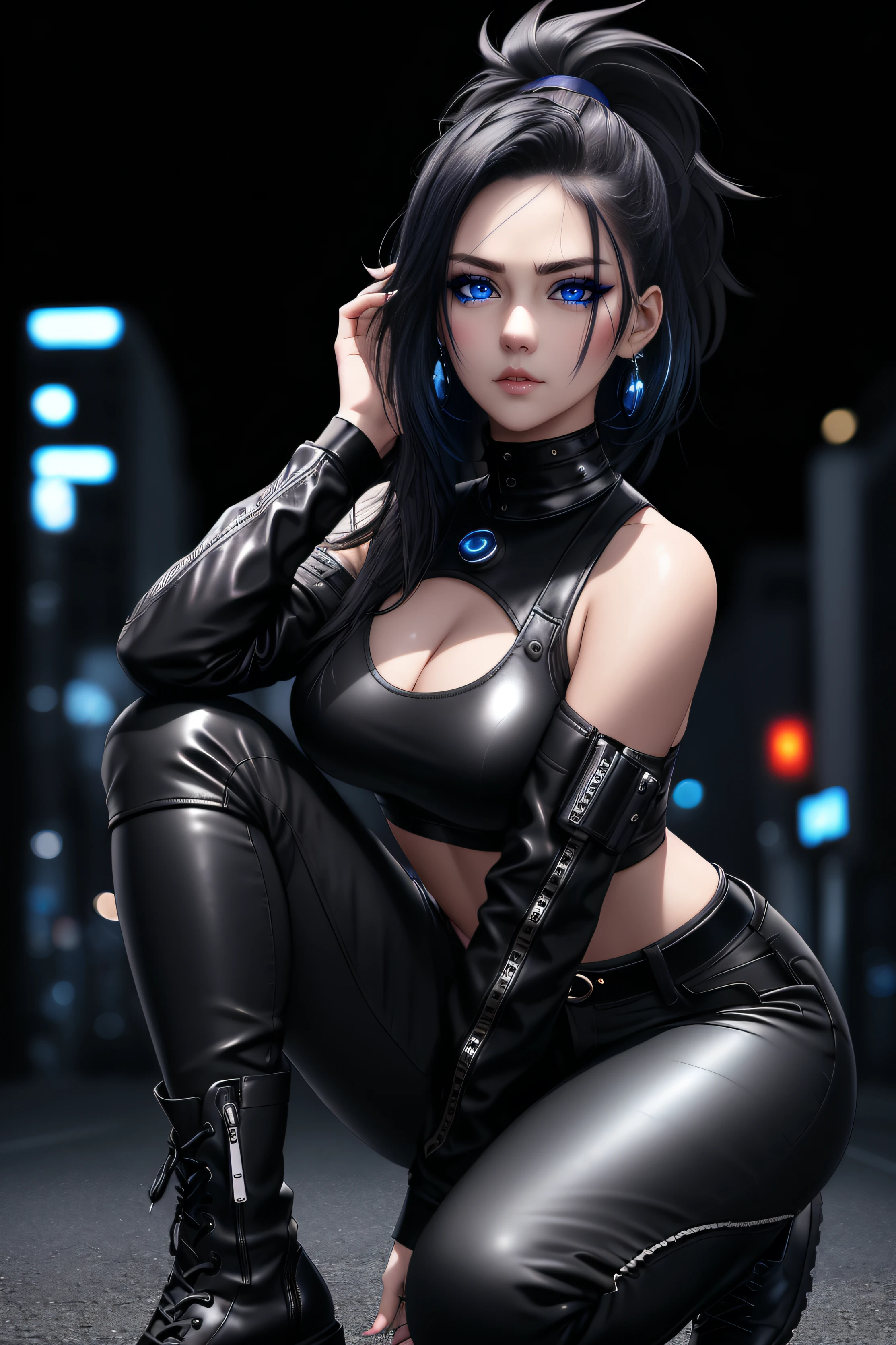 beautiful girl, full body, short black dishevelled hair with dark blue highlights, large piercing eyes, black eyeshadow, (street style wear:1.2), ((tight fitted pants)), ((knee high leather boots)), (dark city night black background:1.4), dark makeup, digital art, trending on artstation, highly detailed, fine detail, intricate, beautiful detailed glow, detailed, Cinematic light, high-res, detailed facial features, sharp focus, smooth, aesthetic,