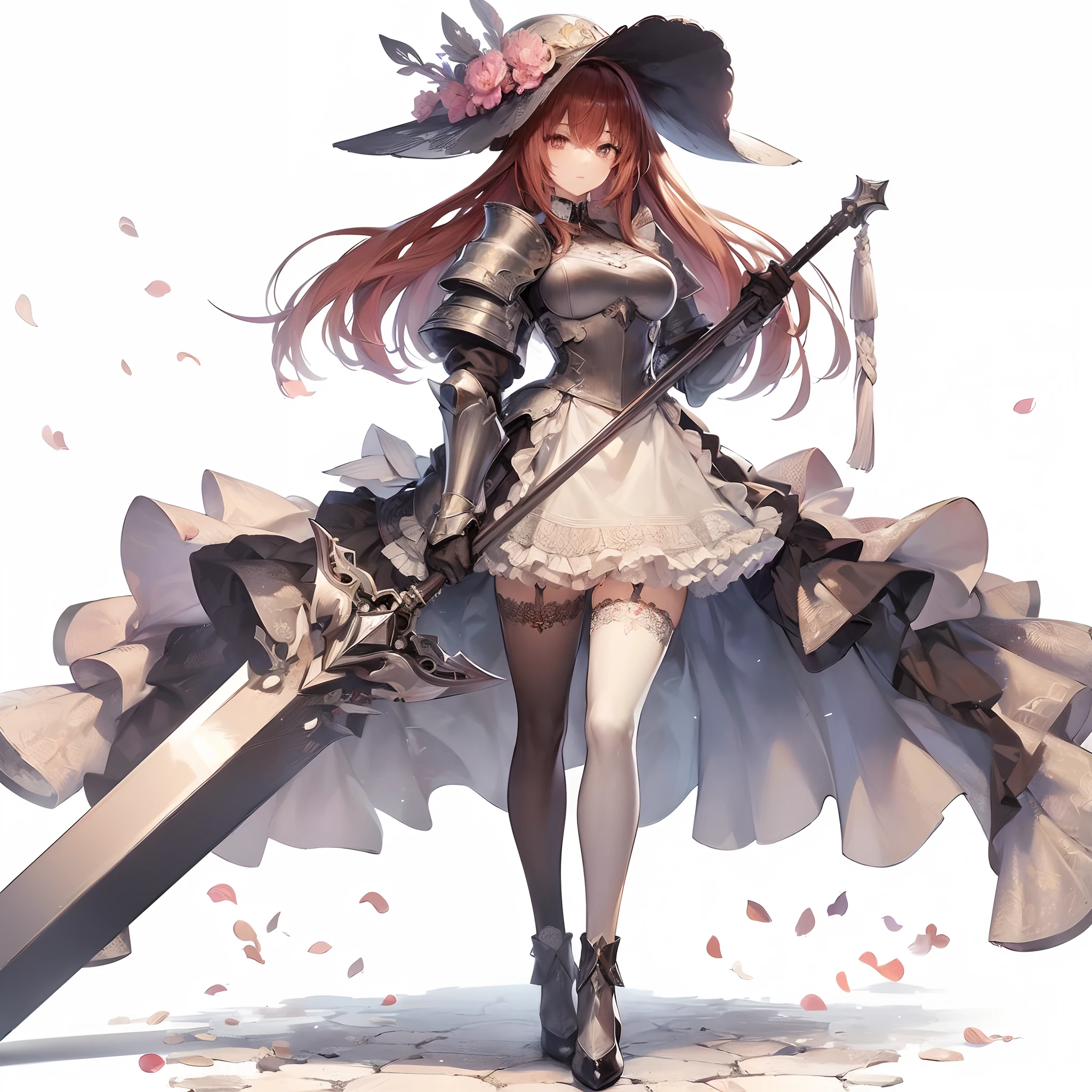 (masutepiece, Best Quality), (Perfect athlete body:1.2), (detailed hairs), Ultra-detailed, Anime style, Full body, Solo, Fantasy Night's Housekeeper, Wear knight's armor over a housekeeper's uniform, Holds a huge two-handed sword, Chestnut short twin tale hair and housekeeper headdress, standing in the forest, high heels boots, Digital Painting, 8K High Resolution, trend artstation, White background, Whole body,