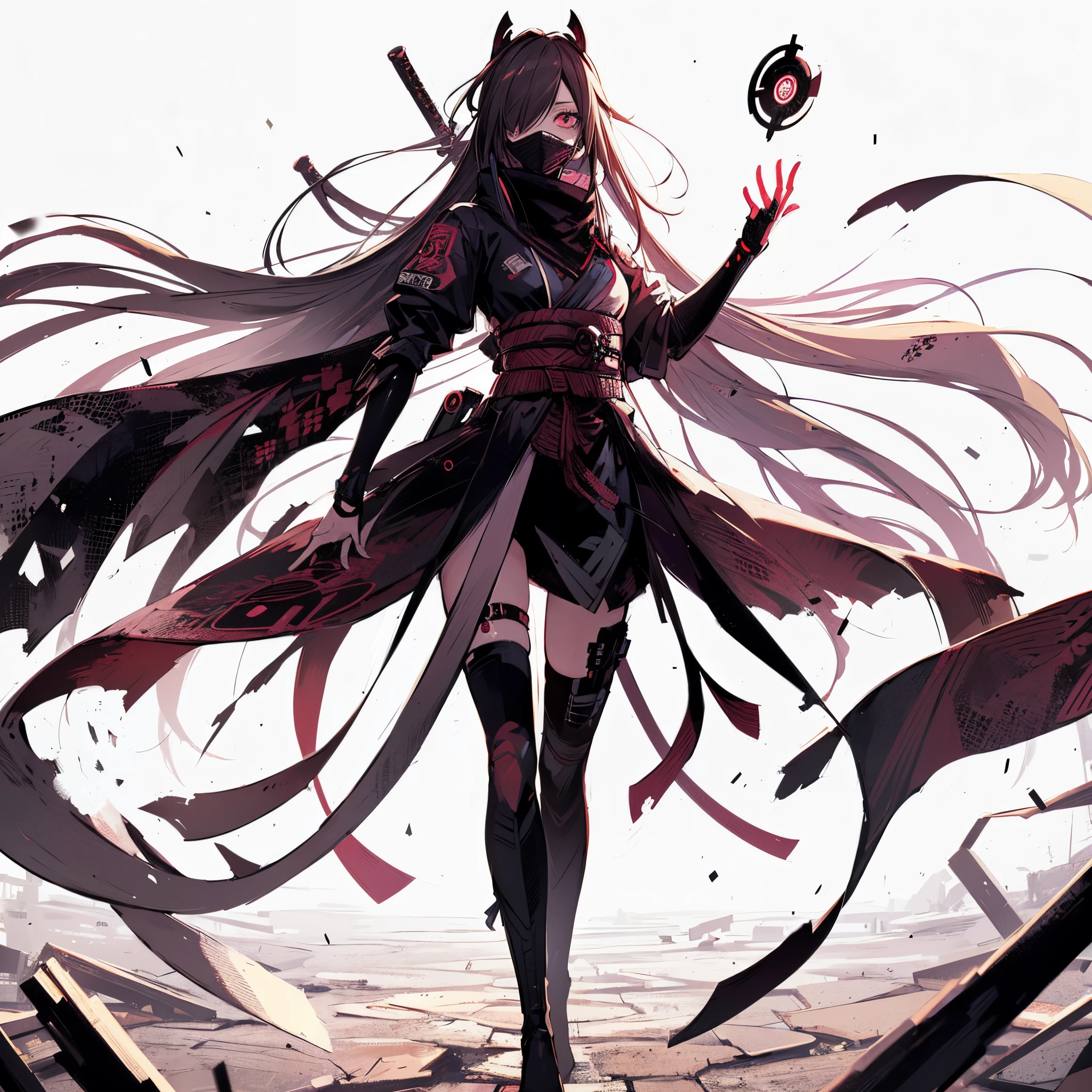 (masutepiece, of the highest quality), (Perfect athlete body: 1.2), (detailed hairs), ultra-detailliert, Anime style, Full body, Solo, Cyberpunk Ninja Girl, Miko costume, She wears a mask with a one-eyed pattern, Standing in the wasteland, Shuriken in hand, Shuriken floating in the air, high heels boots, Digital Painting, 8K high resolution, trend artstation, White background, Full body,