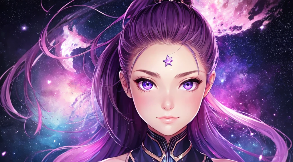best quality,ultra-detailed,realistic,lovely face,ponytail,purple,stars,nebula,cheeky look,starry eyes,blush cheeks,portrait,painting,soft colors,subtle lighting