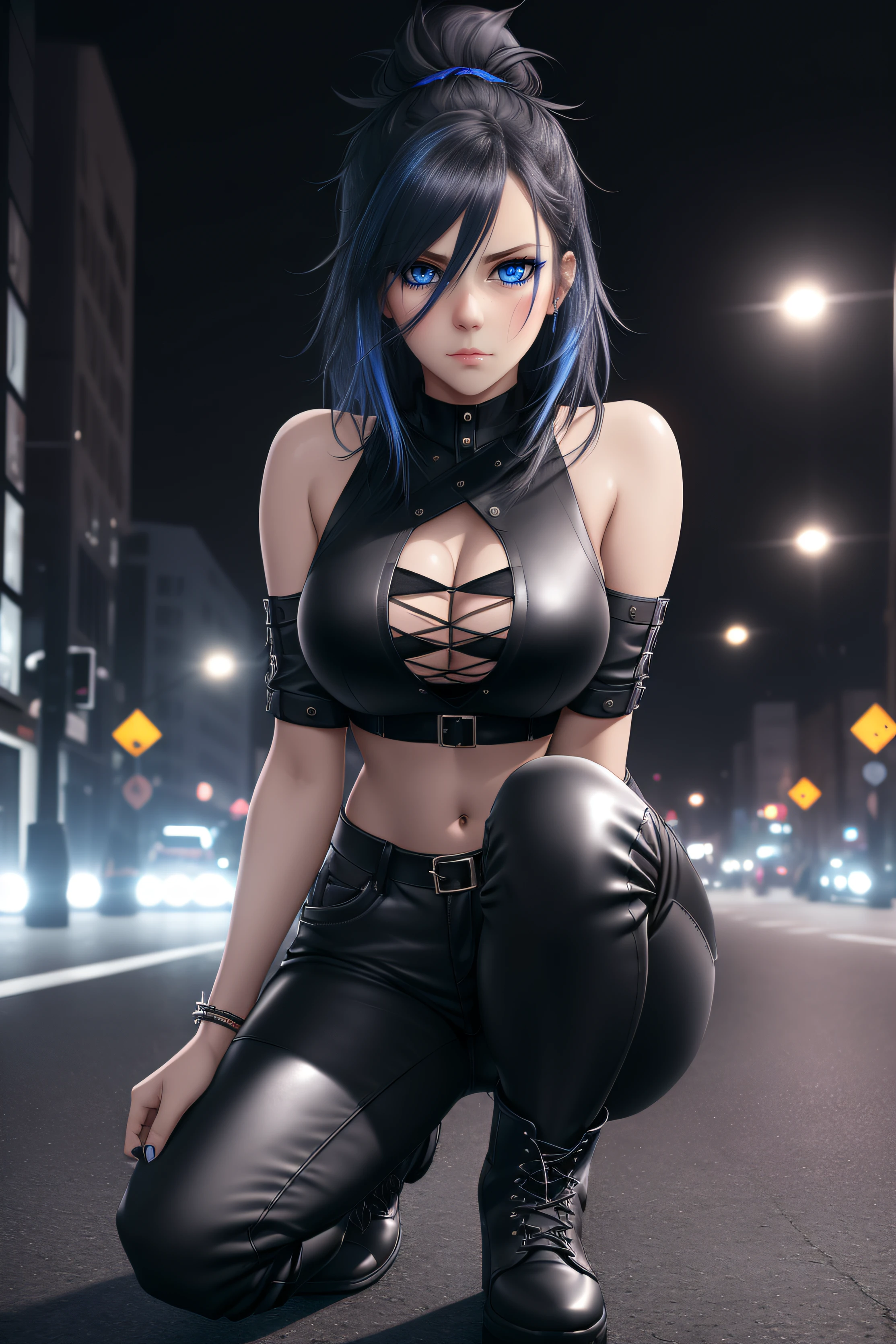 beautiful girl, full body, short black dishevelled hair with dark blue highlights, large piercing eyes, black eyeshadow, (street style wear:1.2), ((tight fitted pants)), ((knee high leather boots)), (city night background:1.2), dark makeup, digital art, trending on artstation, highly detailed, fine detail, intricate, beautiful detailed glow, detailed, Cinematic light, high-res, detailed facial features, sharp focus, smooth, aesthetic,
