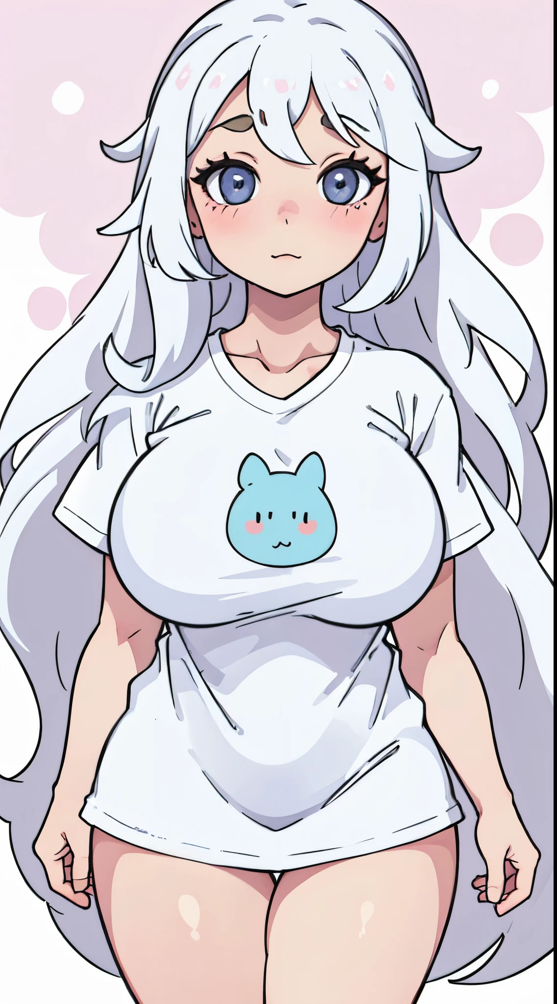 Line art, A cute girl posing, white hair, long hair, cute, blushing, big eyes, thick thighs, thick, big breasts, thighs , wearing tshirt, dot nose, clean face, white skin,