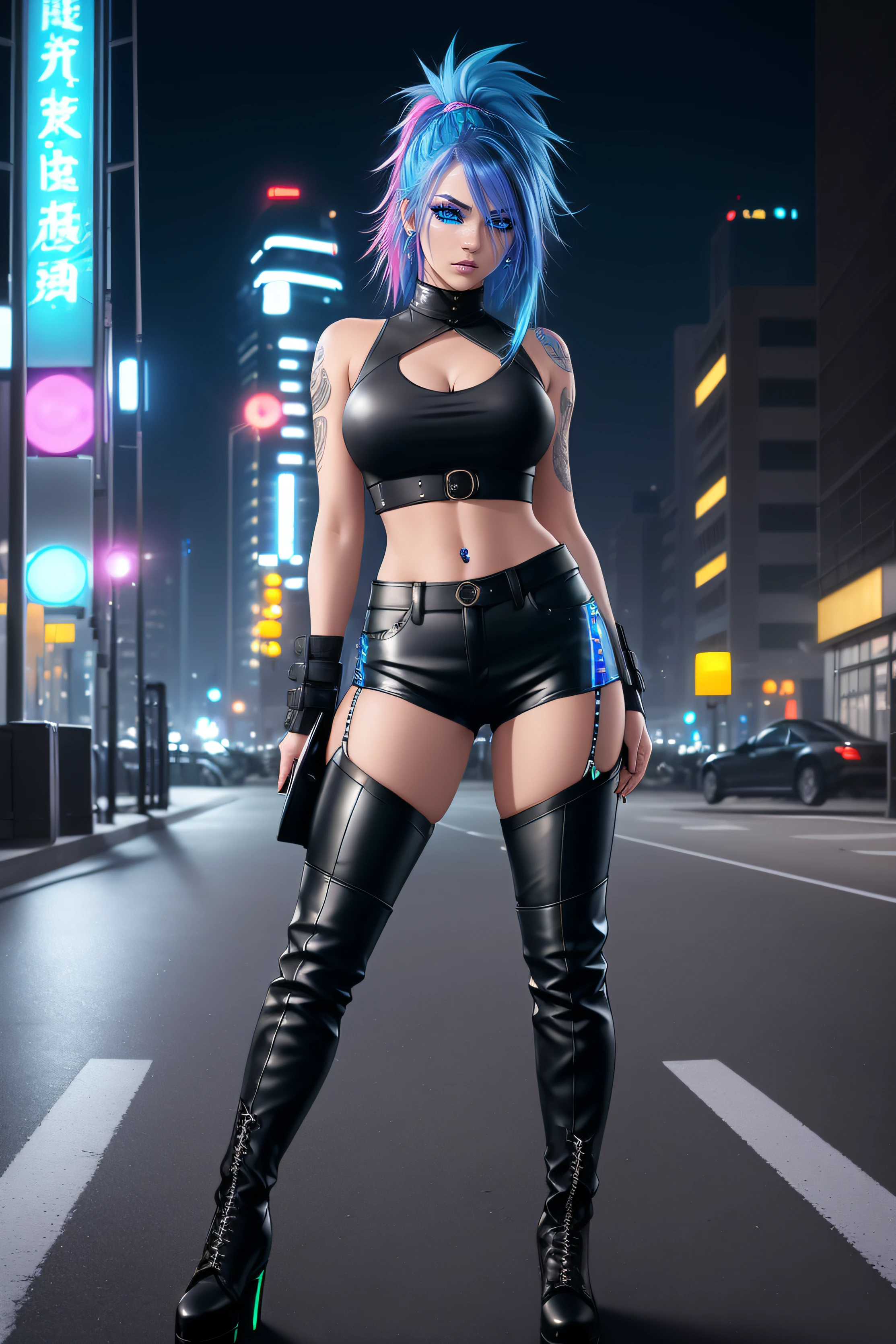 beautiful girl, full body, short bright blue neon streaked dishevelled hair, large blue piercing eyes, black eyeshadow, (street style wear:1.2), ((tight fitted pants)), ((knee high leather boots)), (city night background:1.2), dark makeup, digital art, trending on artstation, highly detailed, fine detail, intricate, beautiful detailed glow, detailed, Cinematic light, high-res, detailed facial features, sharp focus, smooth, aesthetic,