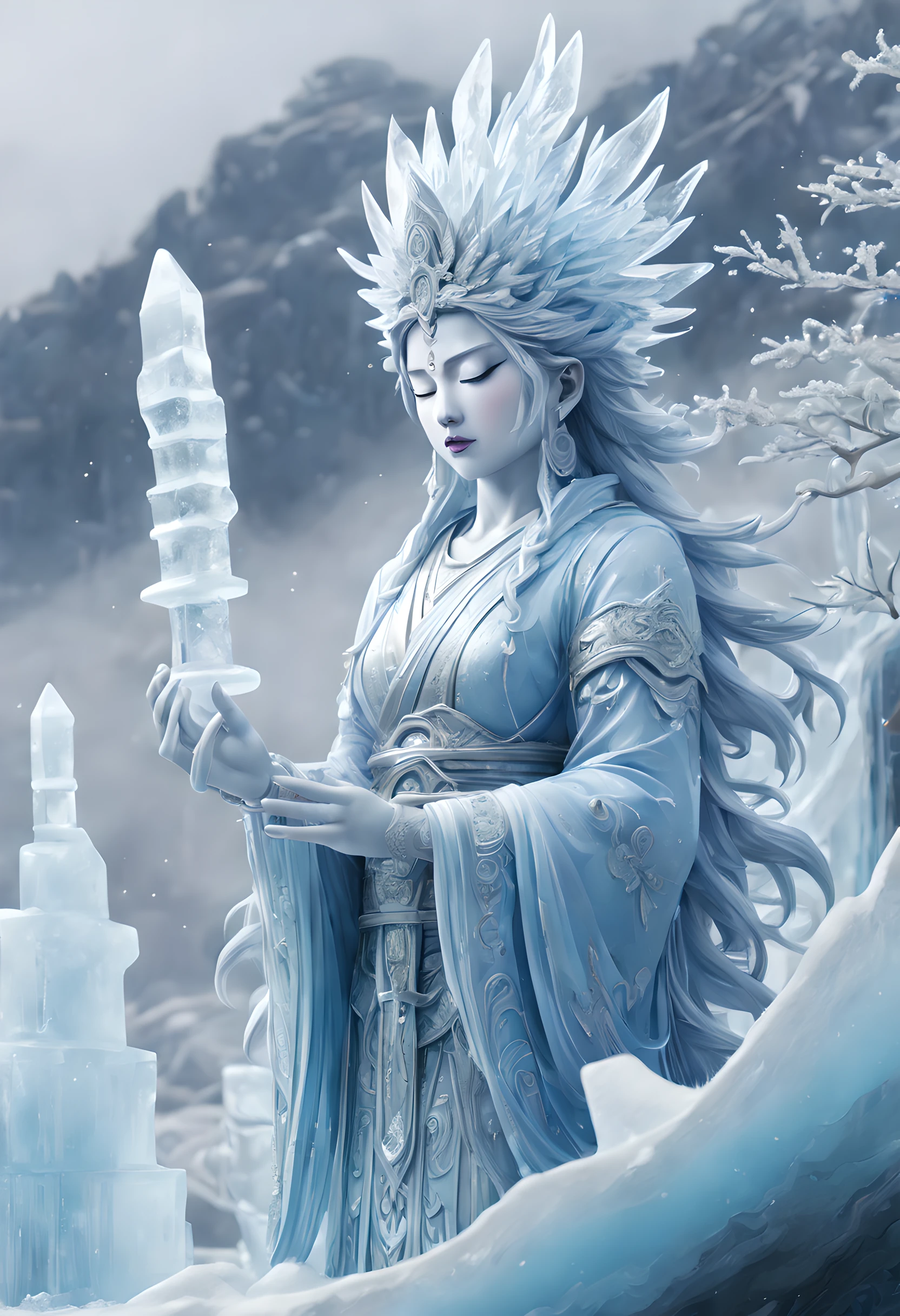 (Ice sculpture:1.5),(pixel art:1.5),(pixel art style:1.5),(ice sculpture theme:1.5),(fantasy:1.5),(beautiful scenery:1.5),(Ice sculpture:1.5),(fantastic illustration:1.5),(Senju Kannon:1.5),(fog, smog, steam),(absurderes:1.5),(ultra_detailed:1.5),(delicate:1.5),(Detail on facial expressions:1.5),(best quality:1.5),(masterpiece:1.5),