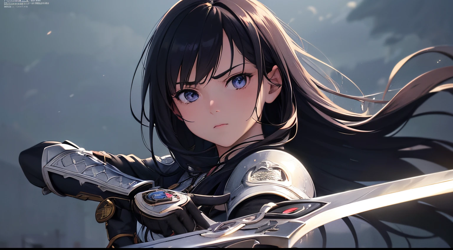 (best quality, HDR, ultra-detailed, realistic:1.37), anime, portraits, vivid colors, studio lighting, sharp focus, the anime girl is being all badass with her sword in her hand, 1girl, weapon, sword, long hair, solo, holding, holding weapon, gloves, holding sword, black hair
