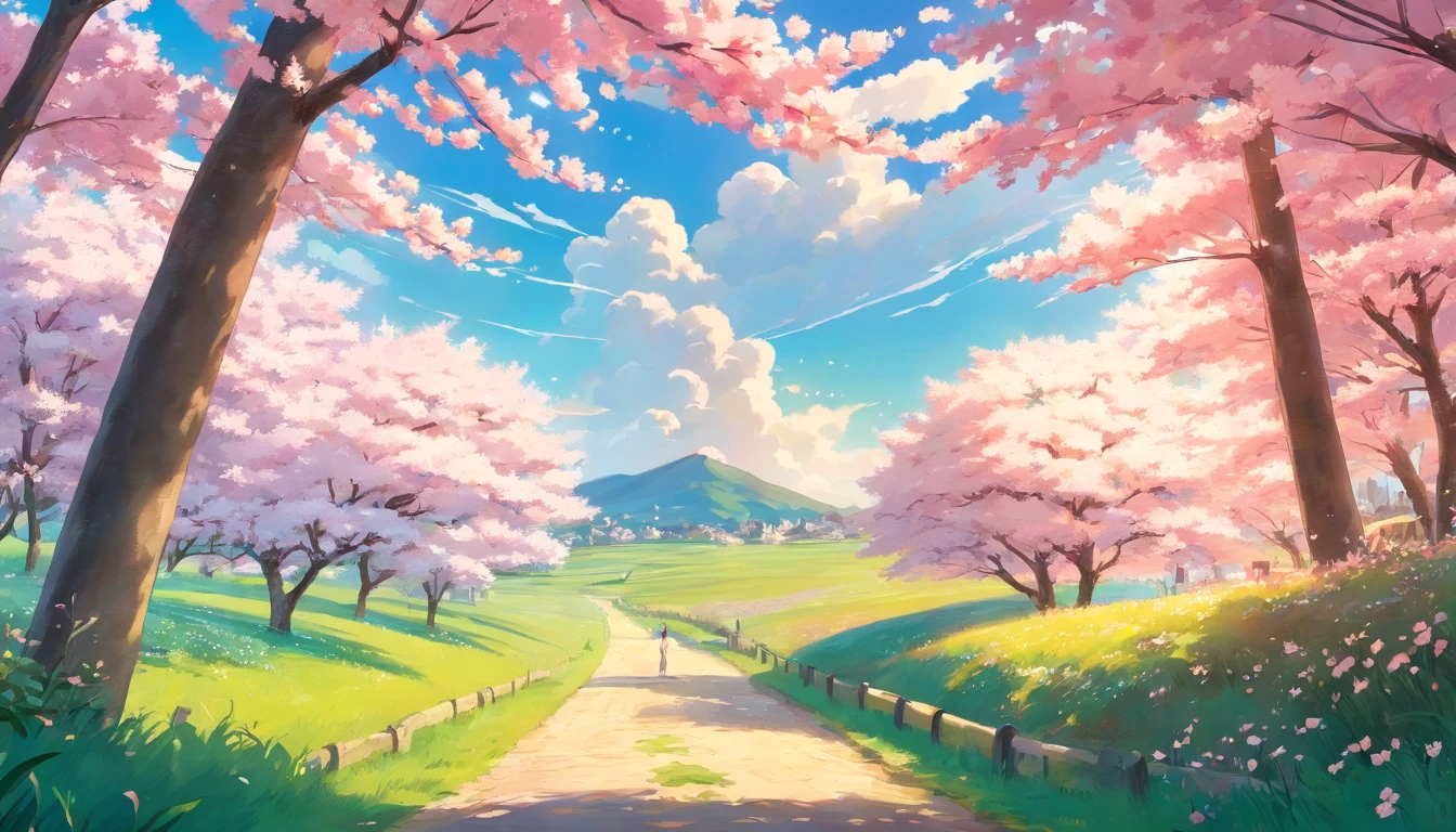 best quality,highres,ultra-detailed,HDR,studio lighting,beautiful shots, cherry blossom flowers, cherry blossom, cherry blossom trees, cotton field,drone shots,vivid colors,fine details,soft texture,natural landscape,blue sky,puffy white clouds,lush green plants,sunlight filtering through the leaves,fresh air,peaceful ambiance,serene atmosphere,harmonious composition,creating an immersive visual experience, no human.