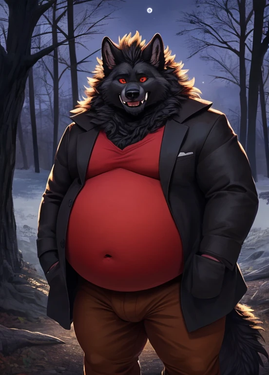 solo, wolf, anthro, male, extremely fat cheeks, fangs, obese, large belly, black fur, red iris, messy mane, wearing black coat, wearing red shirt, wearing brown trousers, looking at viewer, smiling, detailed face, outdoors, woods, nighttime