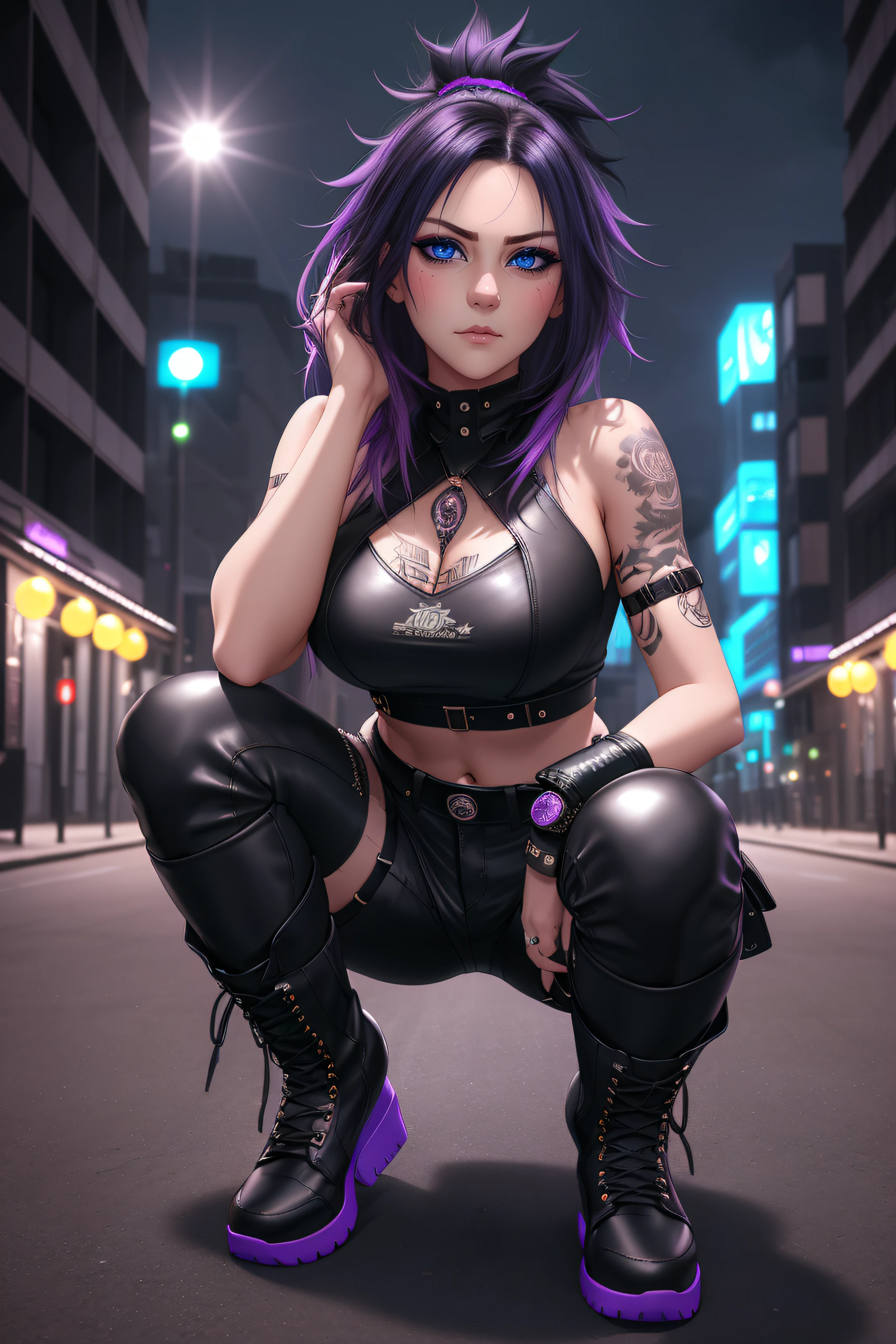beautiful girl, full body, short black dishevelled hair with purple and blue highlights, large piercing eyes, black eyeshadow, (street style wear:1.2), ((tight fitted pants)), ((knee high leather boots)), (city night background:1.2), dark makeup, digital art, trending on artstation, highly detailed, fine detail, intricate, beautiful detailed glow, detailed, Cinematic light, high-res, detailed facial features, sharp focus, smooth, aesthetic,