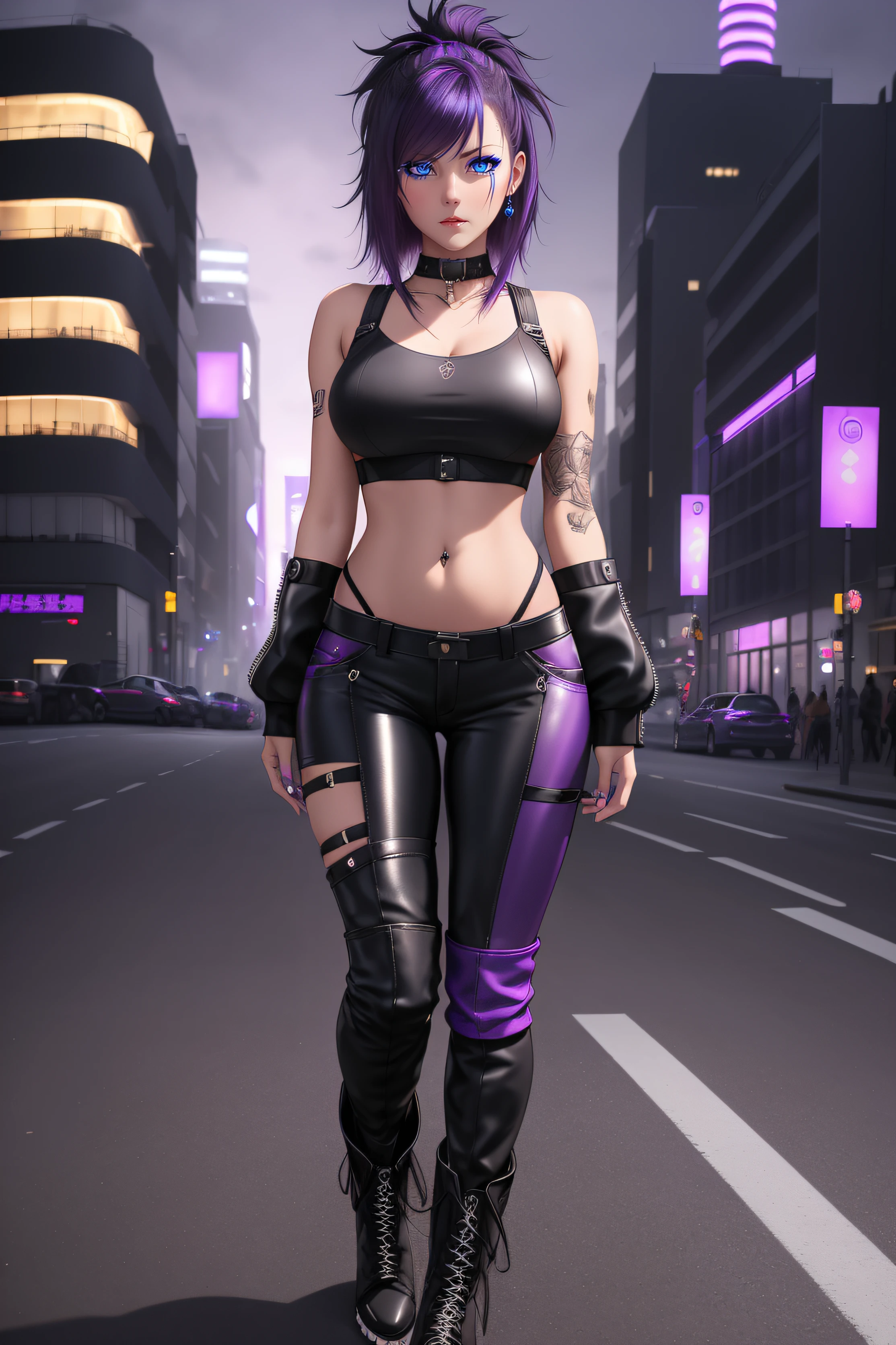 beautiful girl, full body, short black dishevelled hair with purple and blue highlights, large piercing eyes, black eyeshadow, (street style wear:1.2), ((tight fitted pants)), ((knee high leather boots)), (city night background:1.2), dark makeup, digital art, trending on artstation, highly detailed, fine detail, intricate, beautiful detailed glow, detailed, Cinematic light, high-res, detailed facial features, sharp focus, smooth, aesthetic,