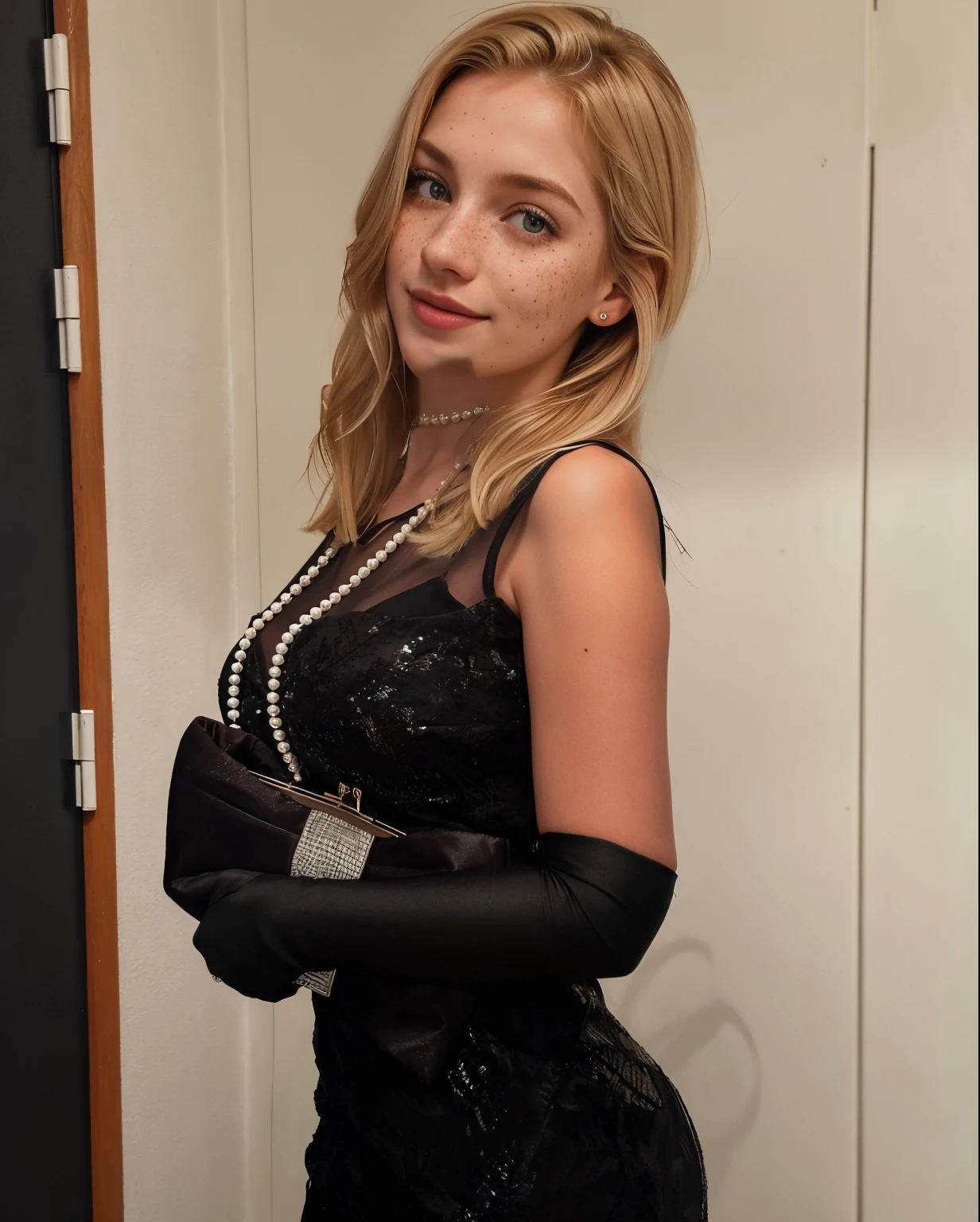 mulher, americana, 25 anos, pale skin and freckles, olhos cinzas, nariz delicado, soft and delicate lips, Cabelo blondie cinza longo e ondulados, sorriso meigo