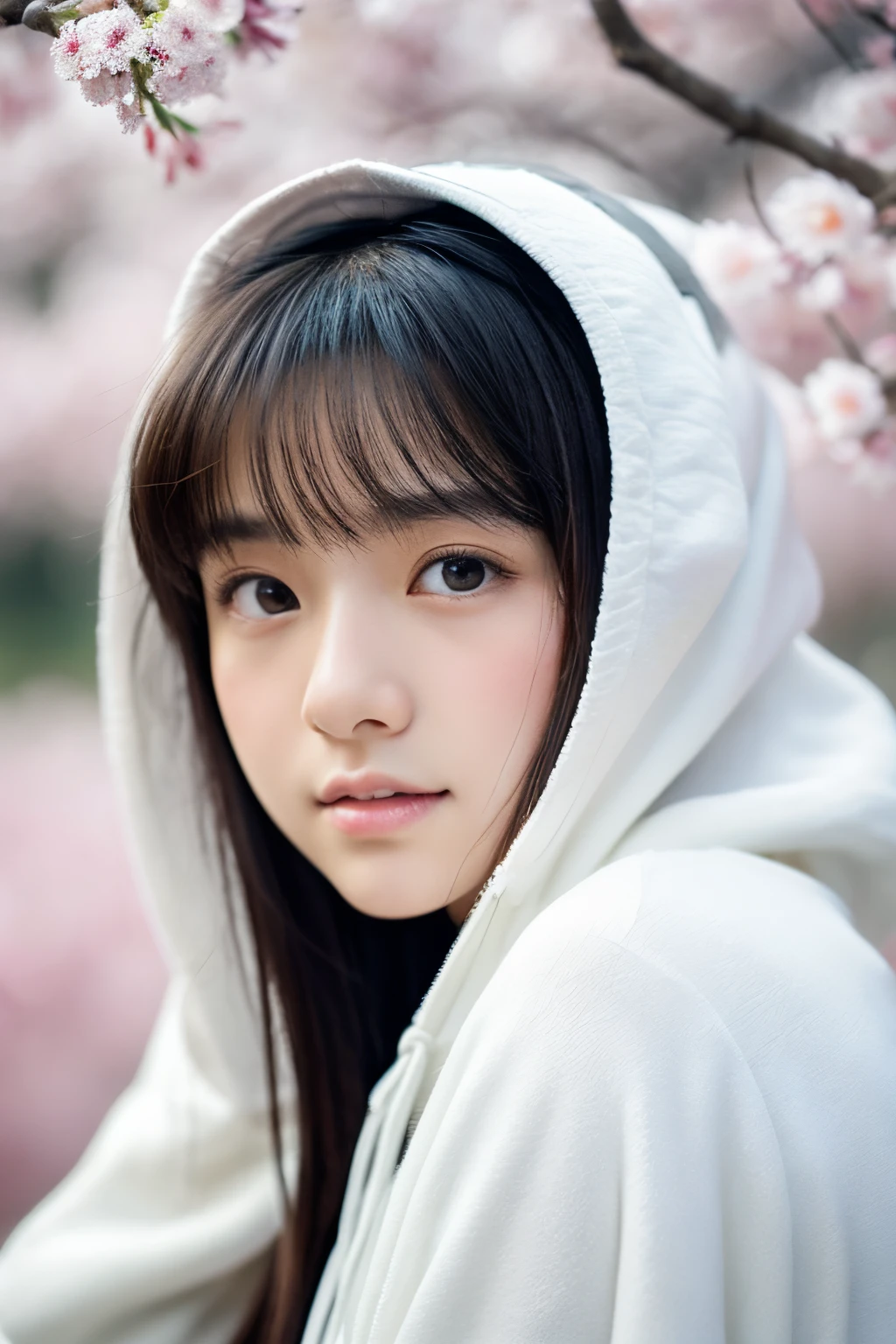 ultra-detailed, realistic portrait of a 17-year-old Japanese girl with long black hair, wearing a white long-sleeved hoodie, and a somber expression. The artwork should showcase the exquisite details of her eyes, nose, and lips, emphasizing their beauty. The background should feature a serene and atmospheric setting, such as a blooming cherry blossom garden or a misty forest. The image should have the best quality and the highest resolution possible (8K) to showcase the intricate brushstrokes and textures. The lighting should be softly diffused, casting a gentle glow on the girl's face, adding depth and realism to the artwork. The color palette should be muted and harmonious, with a touch of soft pastel tones to enhance the melancholic atmosphere. The style should be a mix of realistic portraiture and subtle anime aesthetics, capturing the delicate balance between lifelike details and a hint of whimsy.