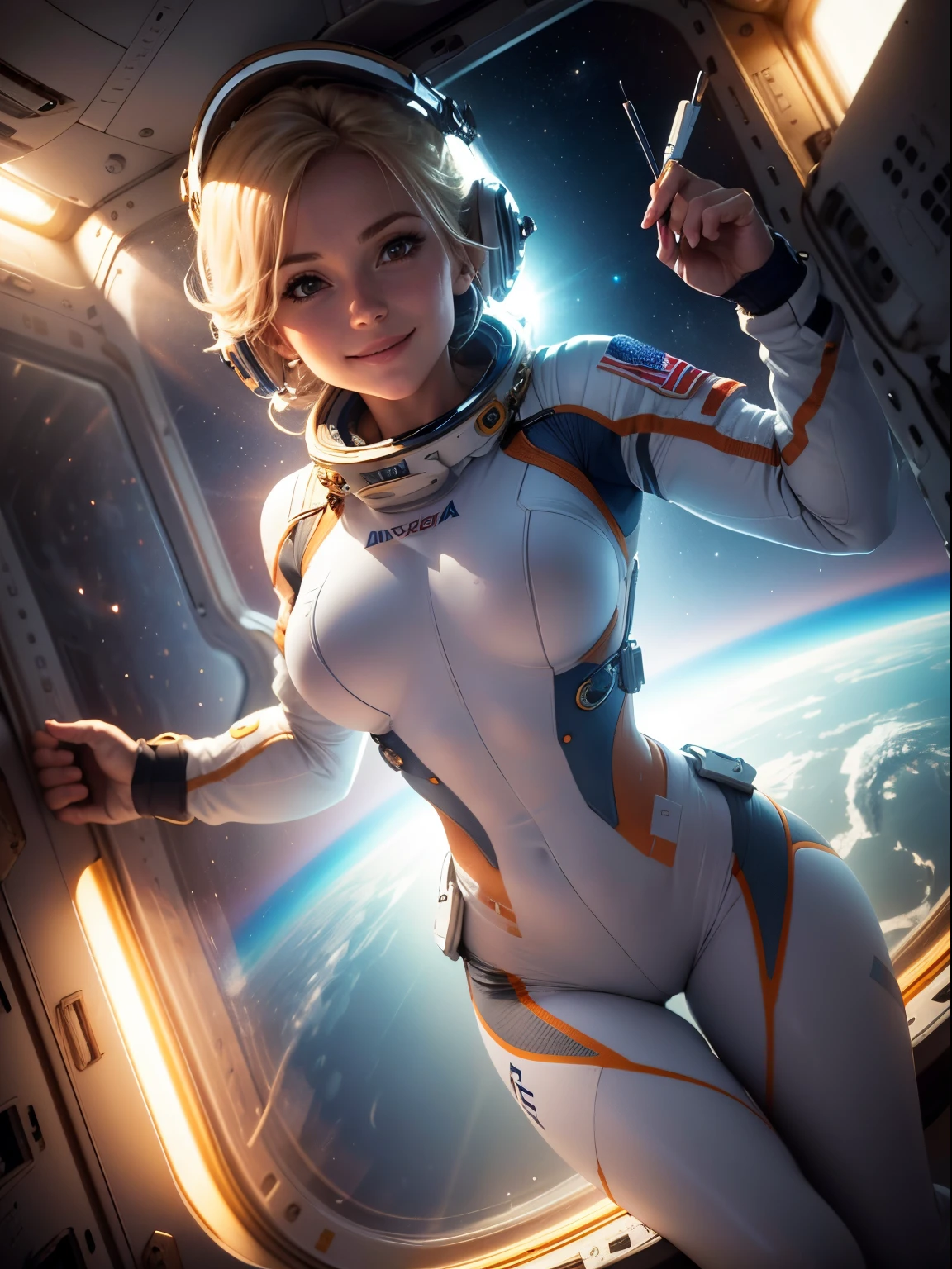 30 years old, astronaut, outside of international space station, space walk, fully naked, woman, nice body, abs, natural light, wheat-colored skin, blonde, 1man, sitting, floating in space, impressive view of the universe, sexy look, flirtatious