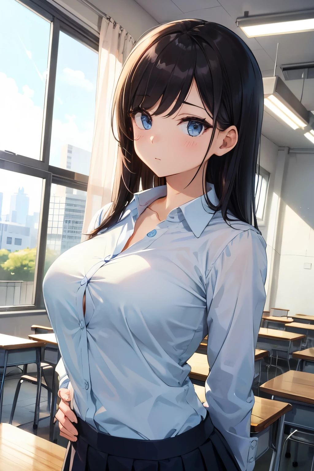 1 female, 21 years old, wearing a female school uniform, long black hair, cleavage, large breasts, in a classroom with sunlight shining on it, sitting on a desk, smiling at the audience.