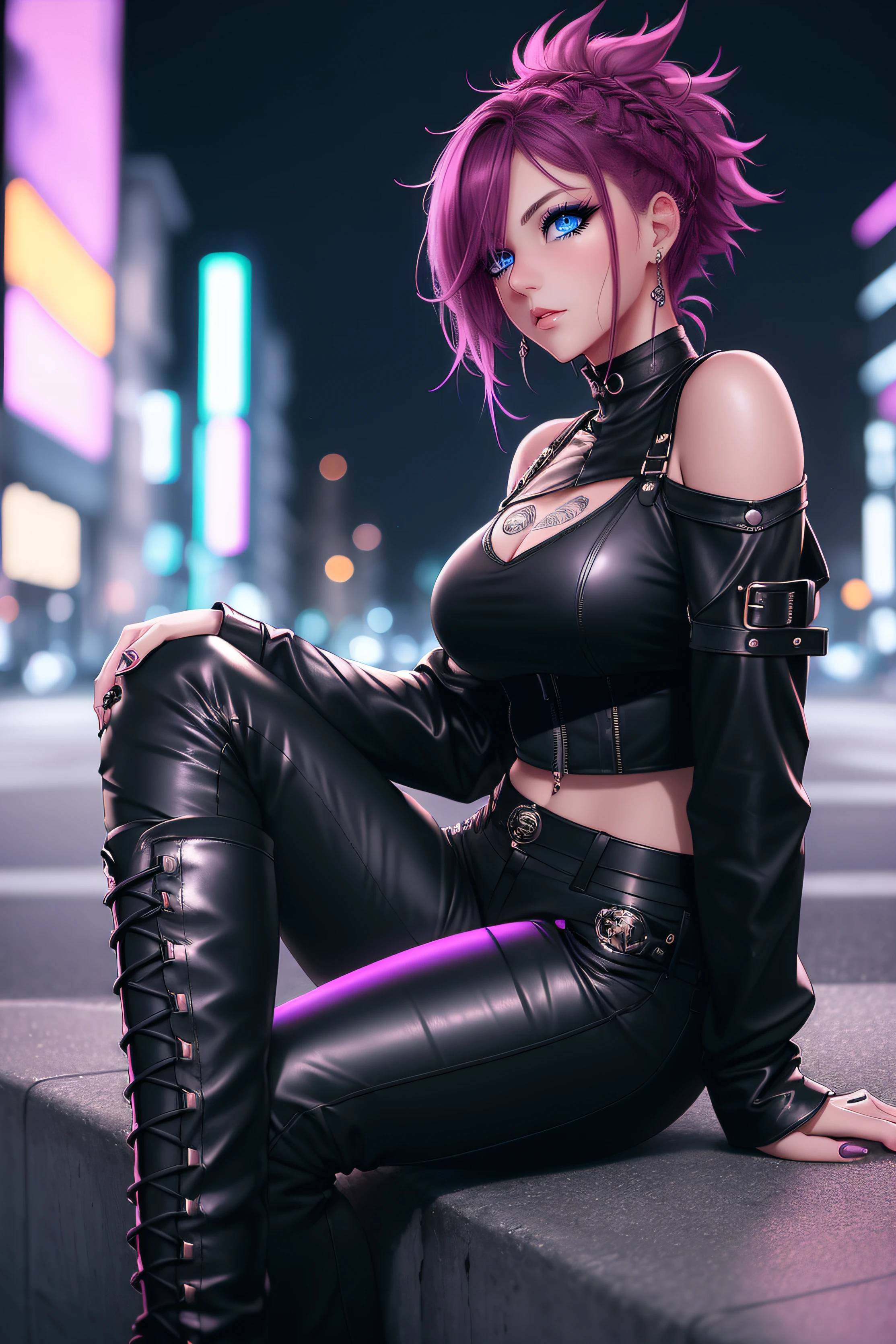beautiful girl, full body, short bright blue dishevelled hair, black eyeshadow, (street style wear:1.2), ((tight fitted pants)), ((knee high leather boots)), (city night background:1.2), dark makeup, digital art, trending on artstation, highly detailed, fine detail, intricate, beautiful detailed glow, detailed, Cinematic light, high-res, detailed facial features, sharp focus, smooth, aesthetic,