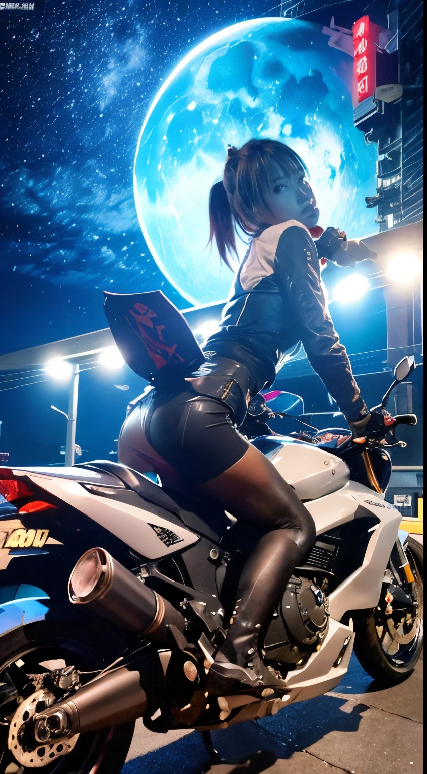 Margaret Tarrant, James Jean, Katsuhiro Otomo, surreal, mysterious, strange, fantastic, fantasy, Sci-fi, Japanese anime, miniskirt beautiful combat girl Alice, perfect voluminous body, riding a motorcycle, night city, huge moon, neon sign, night view, hyper detailed masterpiece depth of field cinematic lighting
