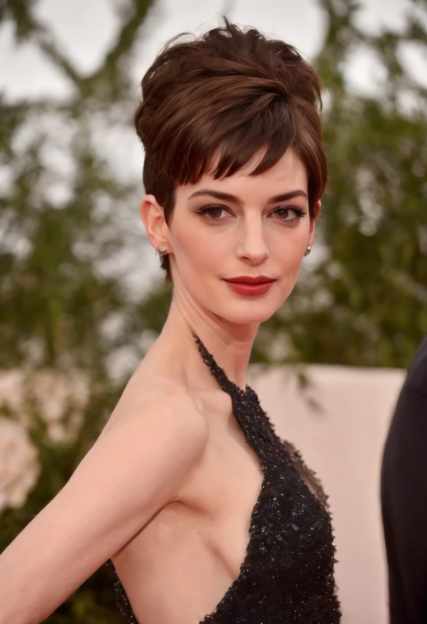 A photo of Anne Hathaway exploring a quiet bookstore.,original,She stands approximately 5'8" tall and has a slim physique. She is known for her large, expressive brown eyes and a radiant smile featuring prominent, well-aligned teeth.
Hathaway has a fair complexion and, often, sports dark brown hair, although she has showcased various hair colors and styles through different roles in films, such as short-cropped hair for "Les Misérables" and longer, wavy styles for movies like "The Devil Wears Prada."
Her sense of style is often sophisticated and chic, reflecting in her choices for red carpet appearances. She is frequently lauded for her fashion choices which range from modern, edgy ensembles to more classic, timeless pieces.