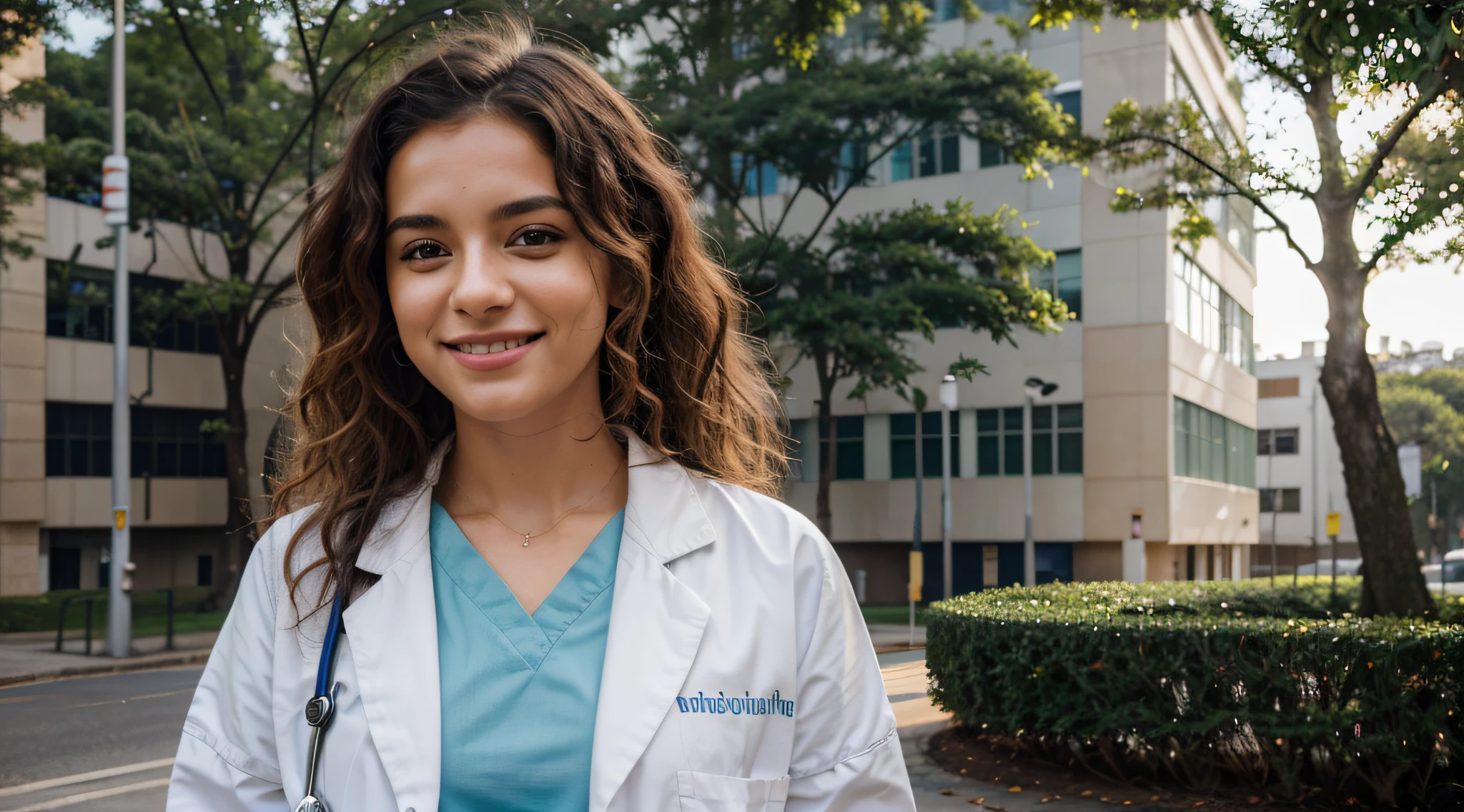 Imagine um estudante de medicina brasileiro caminhando pelo campus moderno e imaculado da faculdade de medicina da universidade. She is dressed in medical uniform and a white coat, a loira dela, curly hair adding a touch of vibrancy to the scene. Um sorriso confiante ilumina seu rosto enquanto ela se move graciosamente pelo campus.

The surroundings are immaculate, emanating an air of order and organization befitting a prestigious medical institution. O sol brilha, casting a warm, inviting glow over the scene. o aluno, vestindo uma blusa branca por baixo do casaco branco, exudes optimism and professionalism in this academic environment.

I hope this revised description better aligns with the desired images!