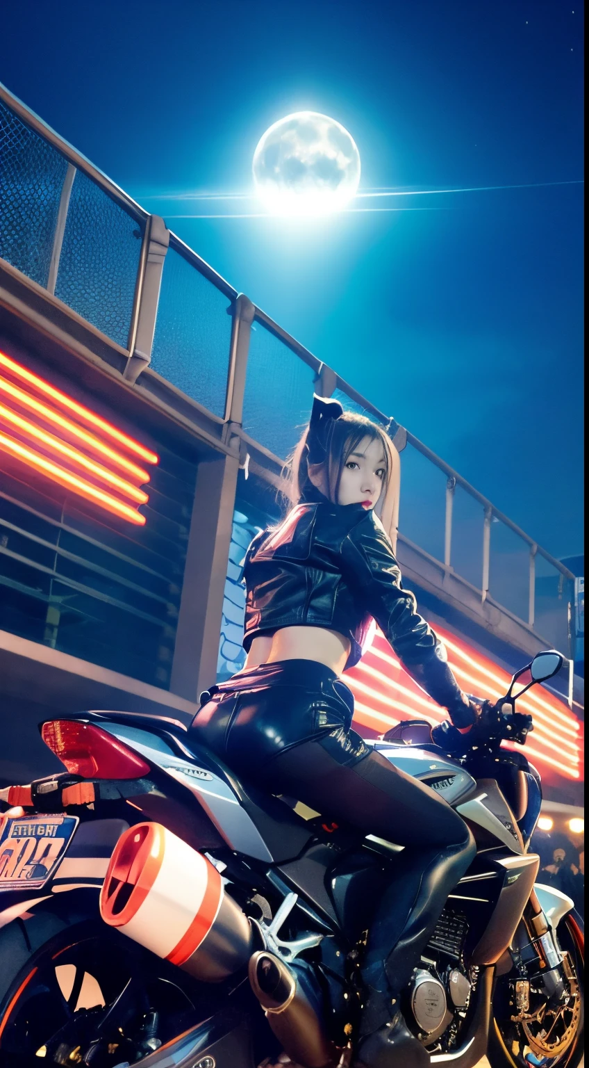 Margaret Tarrant, James Jean, Katsuhiro Otomo, surreal, mysterious, strange, fantastic, fantasy, Sci-fi, Japanese anime, miniskirt beautiful combat girl Alice, perfect voluminous body, riding a motorcycle, night city, huge moon, neon sign, night view, hyper detailed masterpiece depth of field cinematic lighting