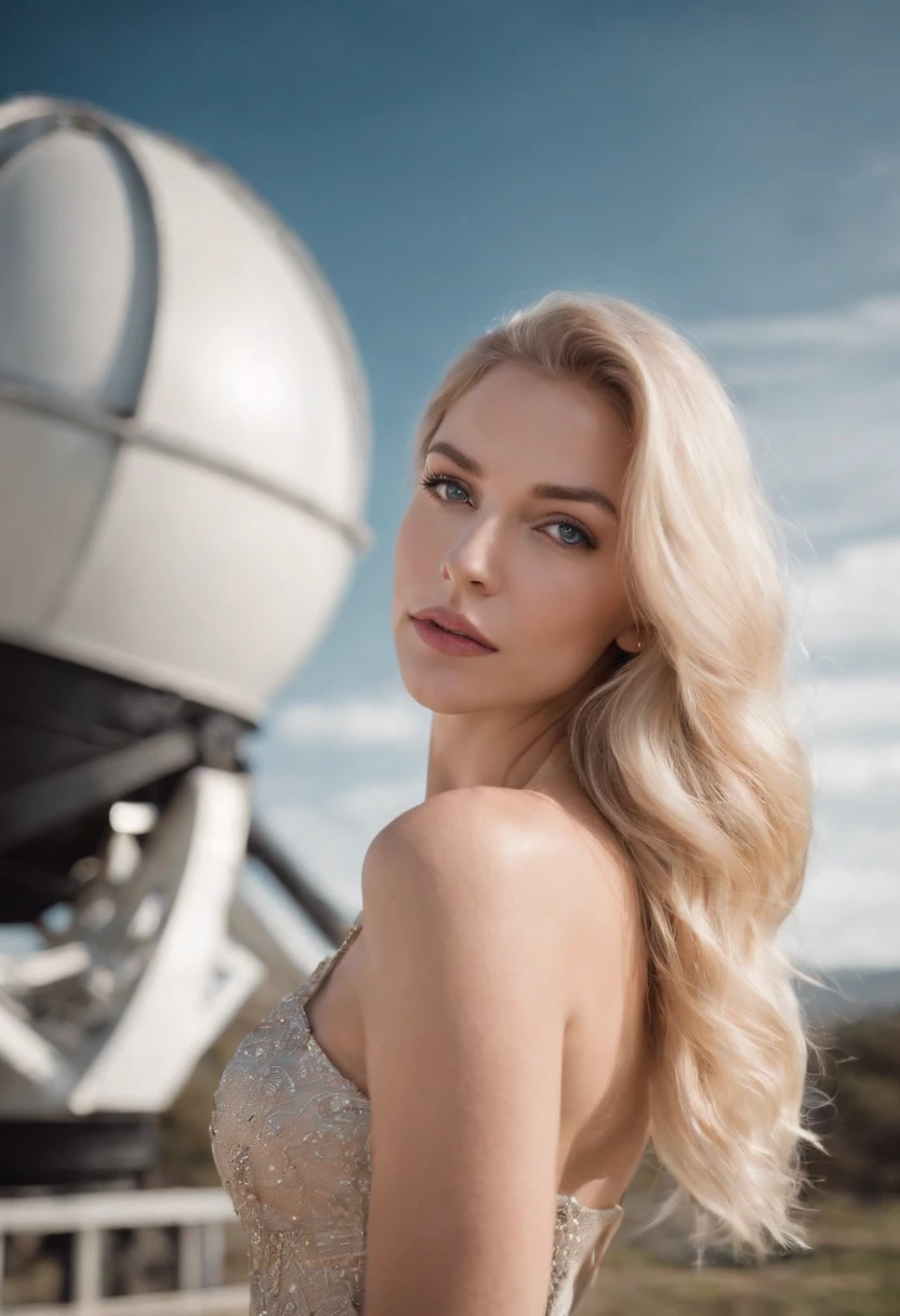 A photo of Princess standing in front of a massive telescope,original,The most beautiful girl in every room. She is blonde and blue eyes. She is Russian and have the model physique. Very tall, lean physique