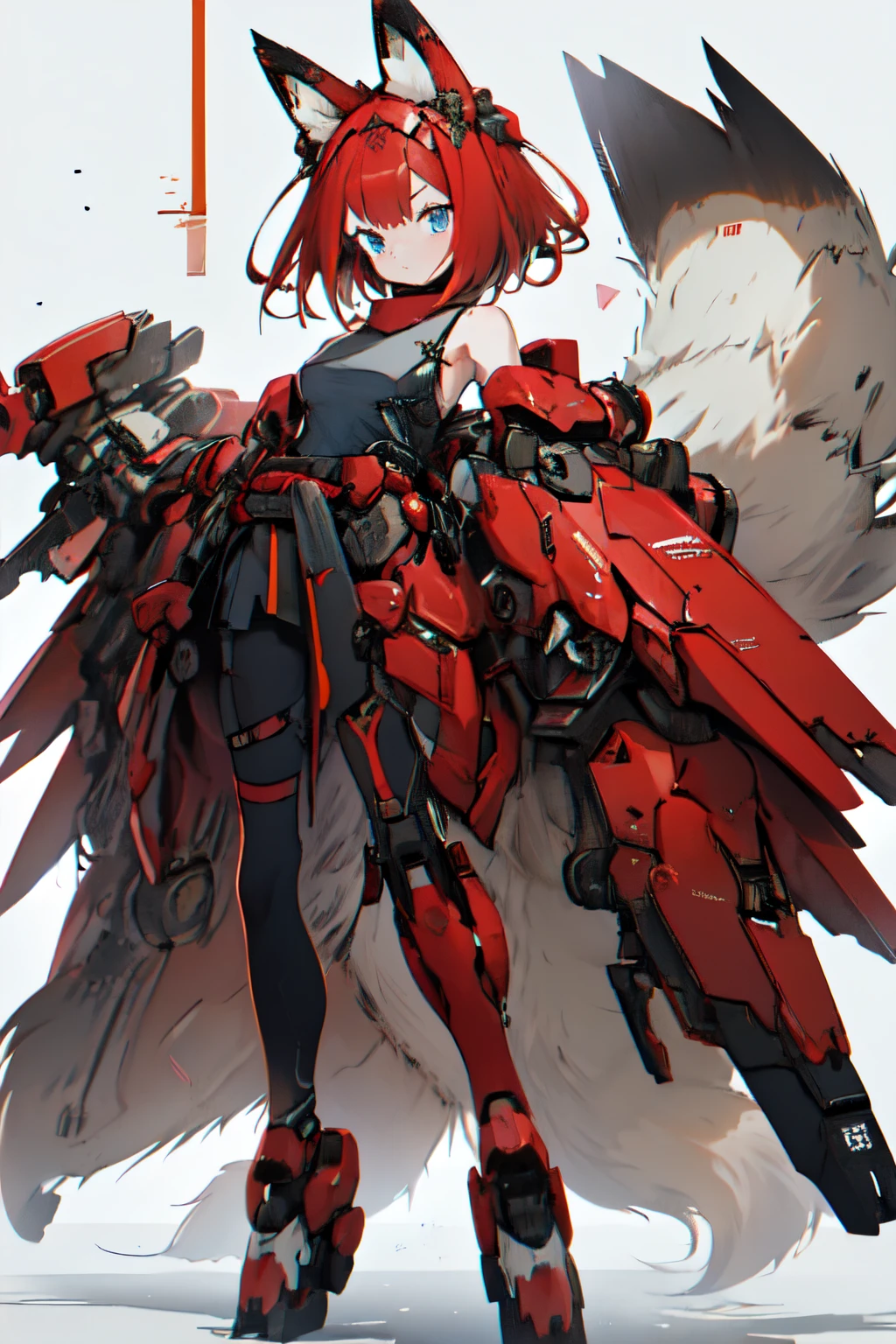 Masterpiece, intricate, anime style, full body, 1girl, rakkun, racoon girl, racoon ears, 1tail, fluffy tail, racoon tail, brown and light brown ringed tail, red and blue eyes blurred, short hair, red inner hair, brown hair, a strand of hair on the left side, red hair strips, short black shirt uncovered on the shoulders and with a black mesh with black borders up to the collar, polo shirt, short black skitr whit dark red checkered, black belt around the waist, looking at viewer, best quality, 4k,highres, professional art, professional drawing, professional lineart, outlined markers