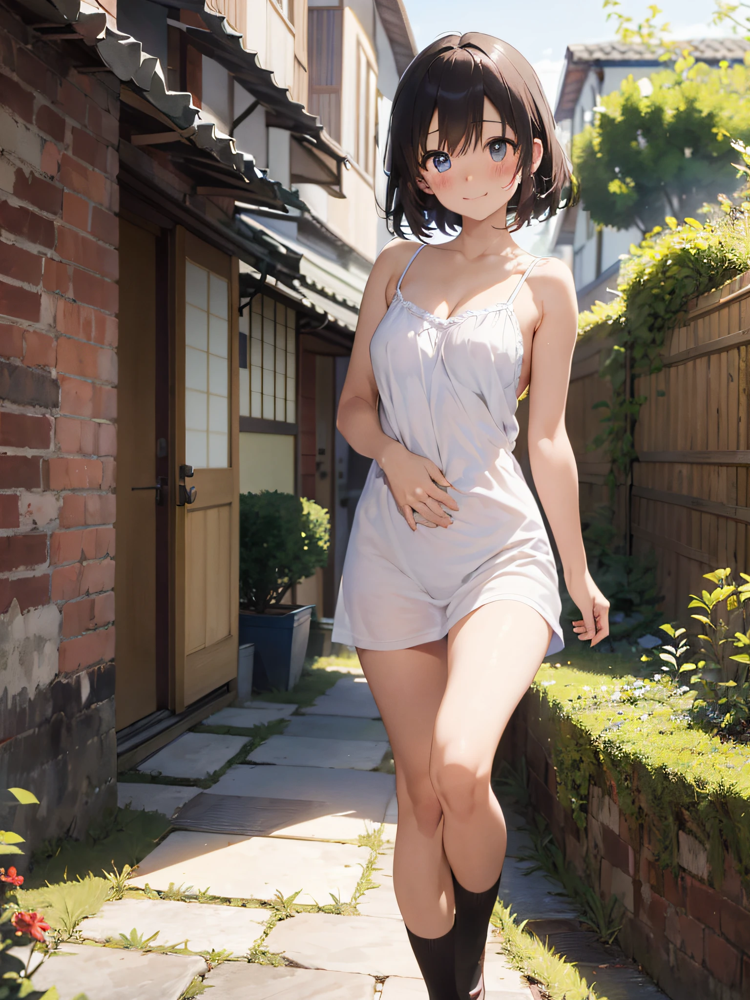 (​masterpiece:2.0), (top-quality:2.0), (standing naked in the garden:1.5), (extremely short length camisole dress:1.5), (super sexypose:1.5), (blushed face:1.5), (hide crotch with hand:1.5), (hide chest with hand:1.5), (Spilling boobs:1.5), (realistic:1.5), under the boobs, side boob is visible, naked, 1 little  girl, precise small hands, Embarrassed look, light smile, Look at me and smile, extremely cute girl, innocent face, young face, Clear eyes, Shining eyes, small breast, shoulder is visible, Tummy is visible, cleavage of the breast is visible, stomach is visible, the lower abdomen is visible, The buttocks is visible, The crotch is visible, No pubic hair, dynamic posing, The beautiful skin, ultra-definition, Top resolution, japan high school student, brown hair