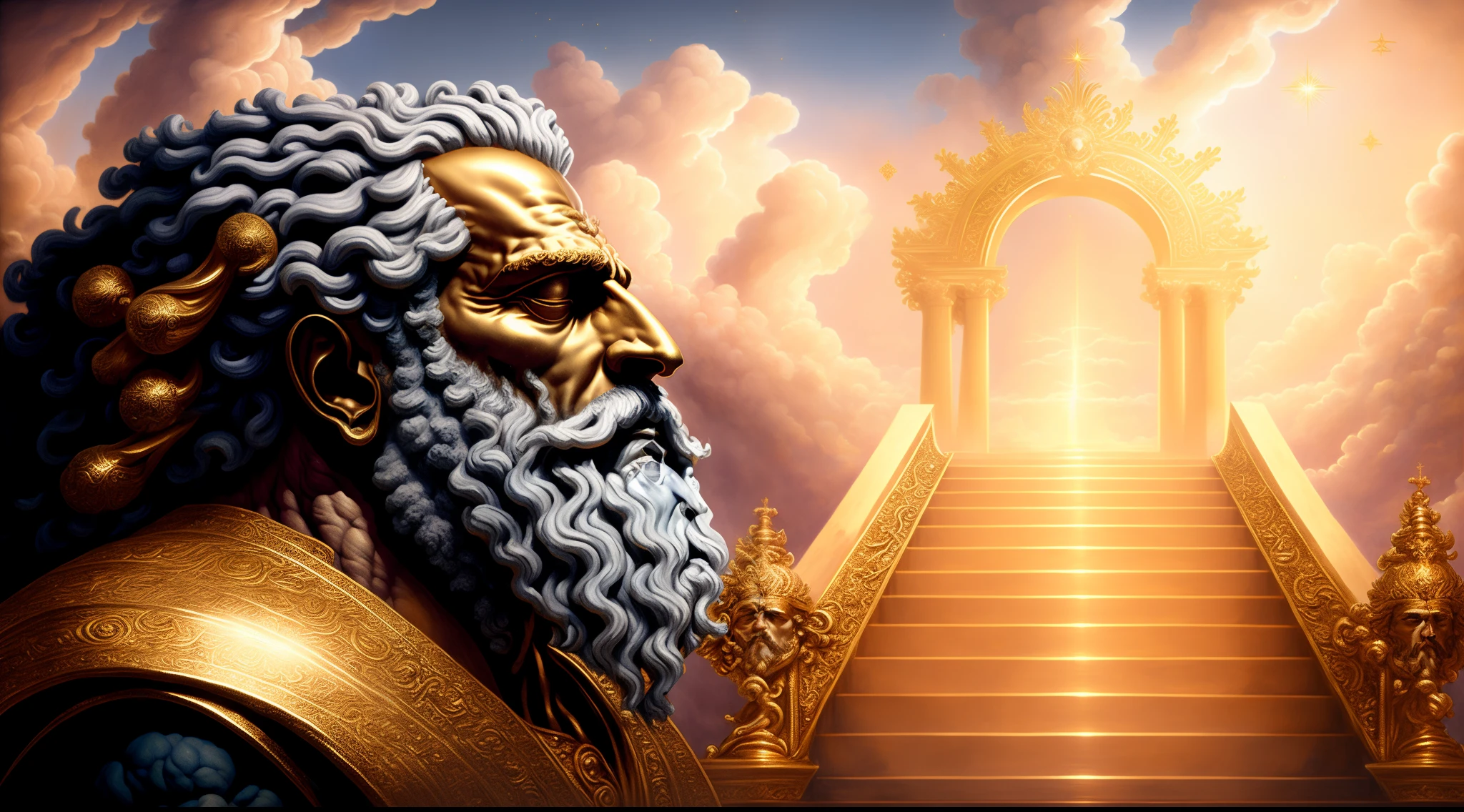 uma pintura de um homem com barba e barba em frente a uma escada, Hora do Pai, O Deus Zeus, deus antigo, arte conceitual de deus, Mito grego pintura digital, deus grego, O Deus Imperador da Humanidade, velho deus, Olympian God, god of time and space, moses, Retrato Zeus, Retrato de um Deus Celestial, gold gates of heaven!!!!!!!!