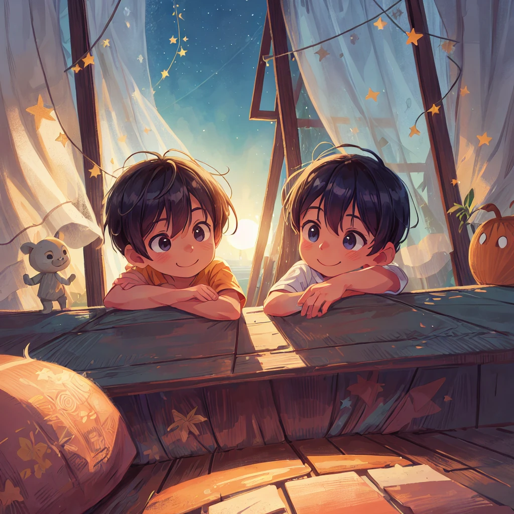 A boy near the bedroom window, raising his hands up towards the dark night moonlight in Brazil, near the beach, with a satisfied expression on his face, smiling in gratitude. Material: Digital illustration, 3D rendering. Additional details: Detailed window frame, textured walls, moonlit room, soft curtains, beach visible in the distance, palm trees swaying, gentle breeze, a few stars in the sky. Image quality: (best quality, high resolution:1.2), ultra-detailed, realistic:1.37, vivid colors. Artistic style: Cartoon portrait, landscape. Color tones: Deep blues, warm oranges, golden tones. Lighting: Soft moonlight illuminating the room, casting shadows and creating a serene ambiance