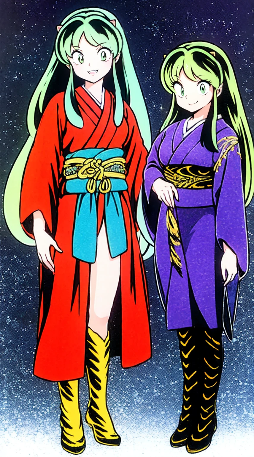 masterpiece, best quality,, corset, breastplate,lum, , urusei yatsura, cloak, pants, pullover kimono,martial pov,, pantyhose, sharpteeth, standing,smile, matial art,, full body, boots , pant, medium breast, pants, pullover,martial pov,god rays, ray tracing, sparkle, cinematic lighting, UHD, retina, masterpiece, ccurate, anatomically correct, textured skin, super detail, high details, high quality, award winning, best quality, highres, 1080P, HD, 4K, thunder aura, light aura, sharpteeth,, super powers, full body, standing, kimono,woman-medieval-clothes, fangs, smile, green hair,, teeth, t, long hair,takahashi rumiko, big breast