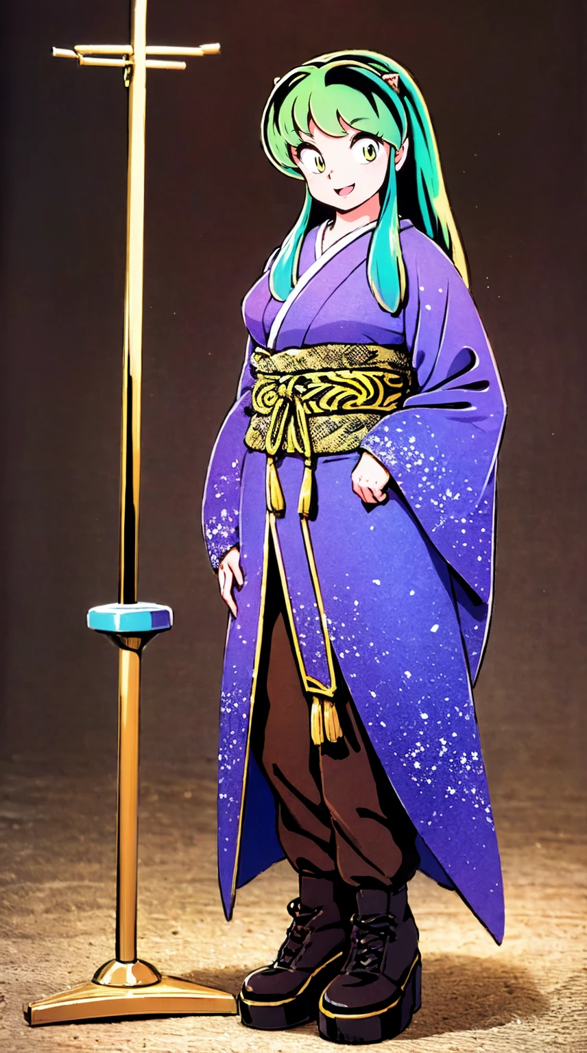masterpiece, best quality,, corset, breastplate,lum, , urusei yatsura, cloak, pants, pullover kimono,martial pov,, pantyhose, sharpteeth, standing,smile, matial art,, full body, boots , pant, medium breast, pants, pullover,martial pov,god rays, ray tracing, sparkle, cinematic lighting, UHD, retina, masterpiece, ccurate, anatomically correct, textured skin, super detail, high details, high quality, award winning, best quality, highres, 1080P, HD, 4K, thunder aura, light aura, sharpteeth,, super powers, full body, standing, kimono,woman-medieval-clothes, fangs, smile, green hair,, teeth, t, long hair,takahashi rumiko, big breast