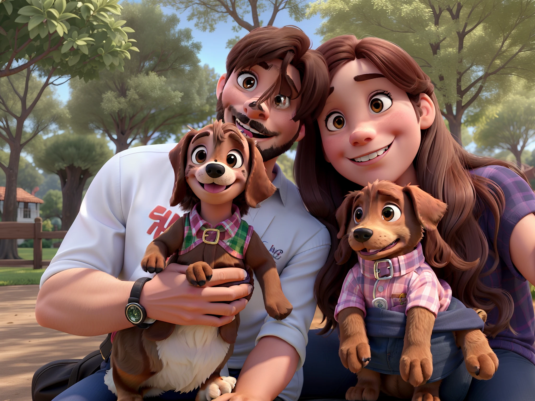 A family in the park. O homem tem cabelo liso e barba, um sorriso grande e o rosto redondo. A mulher tem cabelo liso, olhos pequenos, sorriso grande e covinha. The man is holding a dachshund dog that is all dark brown color and has brown eyes. The woman is holding a dachshund dog that is a puppy and is dark brown in color, com os olhos verdes. The two dogs have their tongues out and are wearing a pink collar.