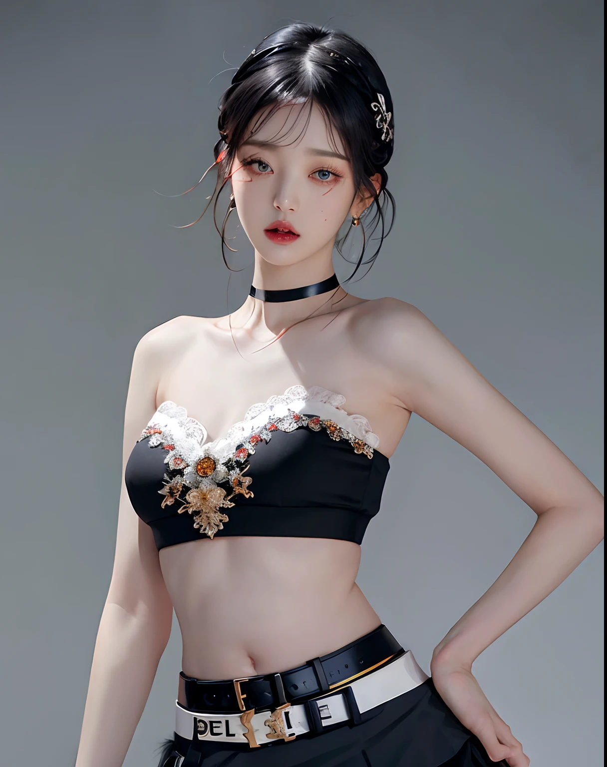 (masterpiece, best quality, 1girl, solo, intricate details, chromatic aberration), (realistic),(skin), ((breath)),(black hair,blunt bangs),detailed hair, red head ornament, blue highlights, hair over one eye,black eyes, small earrings, sharp eyes, choker,((black crop top )),(black skirt),(belt),open waist,(symmetry eyes),(perfect symmetrical body), night,(((natural light))),backlighting,against grey wall, dim lighting ,look at viewer,((centered shot, from front,(face and waist)))