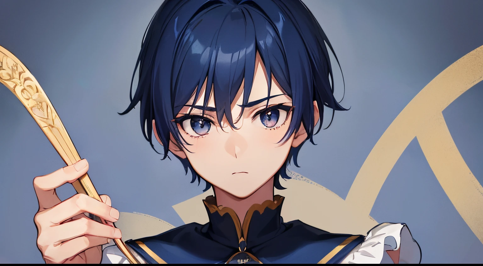 very short bowlcut cut hair, twink male, dark blue hair and eyes, multiple beauty marks on face, cute shy smile, feminen body with male parts, no muscles, blush, young male, no , no tits