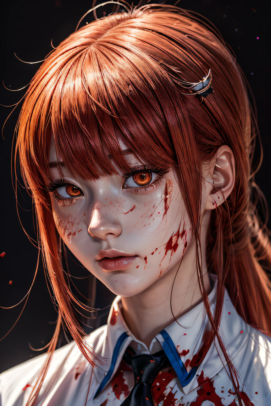 masterpiece, best quality, (extremely detailed CG unity 8k wallpaper, masterpiece, best quality, ultra-detailed, best shadow), (detailed background), (beautiful detailed face, beautiful detailed eyes), High contrast, (best illumination, an extremely delicate and beautiful),1girl,((colourful paint splashes on transparent background, dulux,)), ((caustic)), dynamic angle,beautiful detailed glow,full body, blood splash on face. close up of a woman, anime girl with red hair and a white shirt and tie, a character portrait by Yang J, pixiv, shin hanga, portrait of an anime girl, female anime character, portrait anime girl, portrait of asuka langley soryu, beautiful anime portrait, detailed portrait of anime girl, anime character, realistic anime artstyle, anime girl portrait, anime character portrait, blood on face.