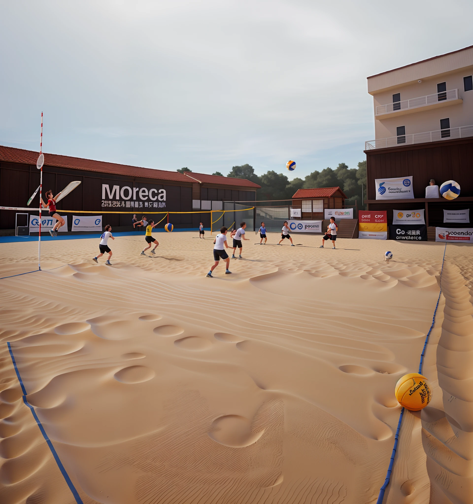 four people playing volleyball on a sand court