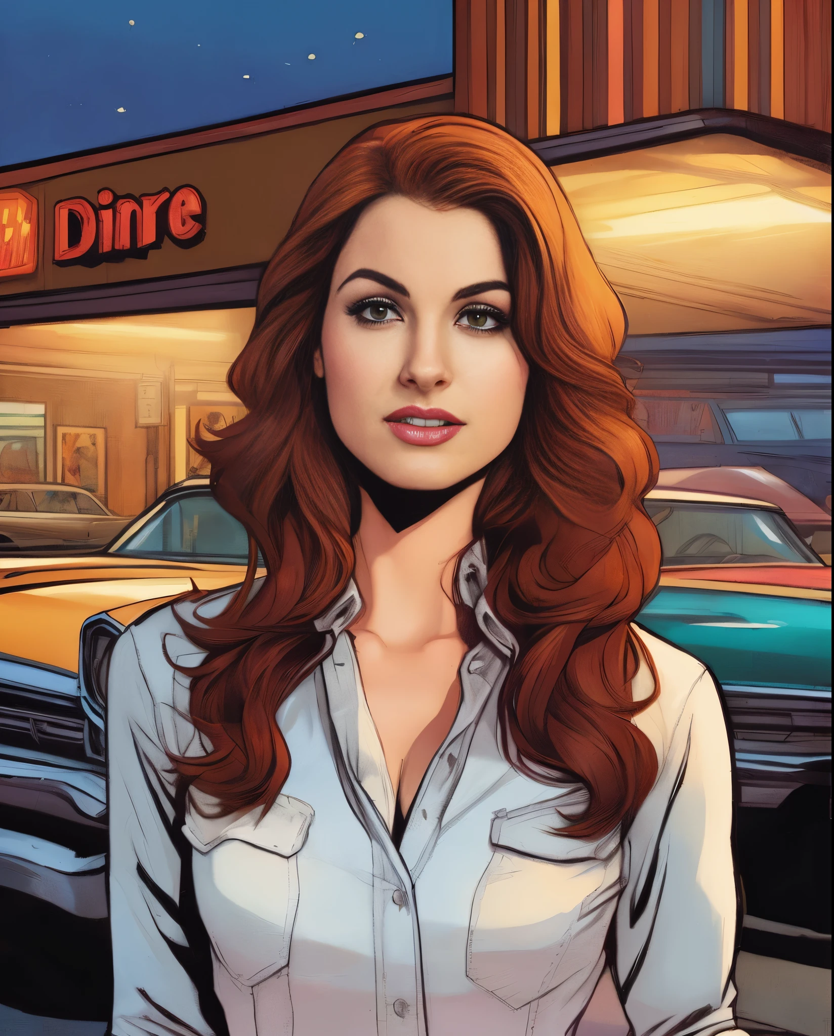 uma mulher de camisa branca em frente a uma lanchonete, Dinah Drake, arte gta 5 quadrinhos, ( Arte Fitzpatrick ), Retrato de Jean Grey, zenescope, Directed by: Galen Dara, arte promocional, Martin then, Directed by: Brian Thomas, jean cinza, wanda maximoff, Directed by: Drew Tucker, mara jade |, arte da capa dos quadrinhos de phil noto