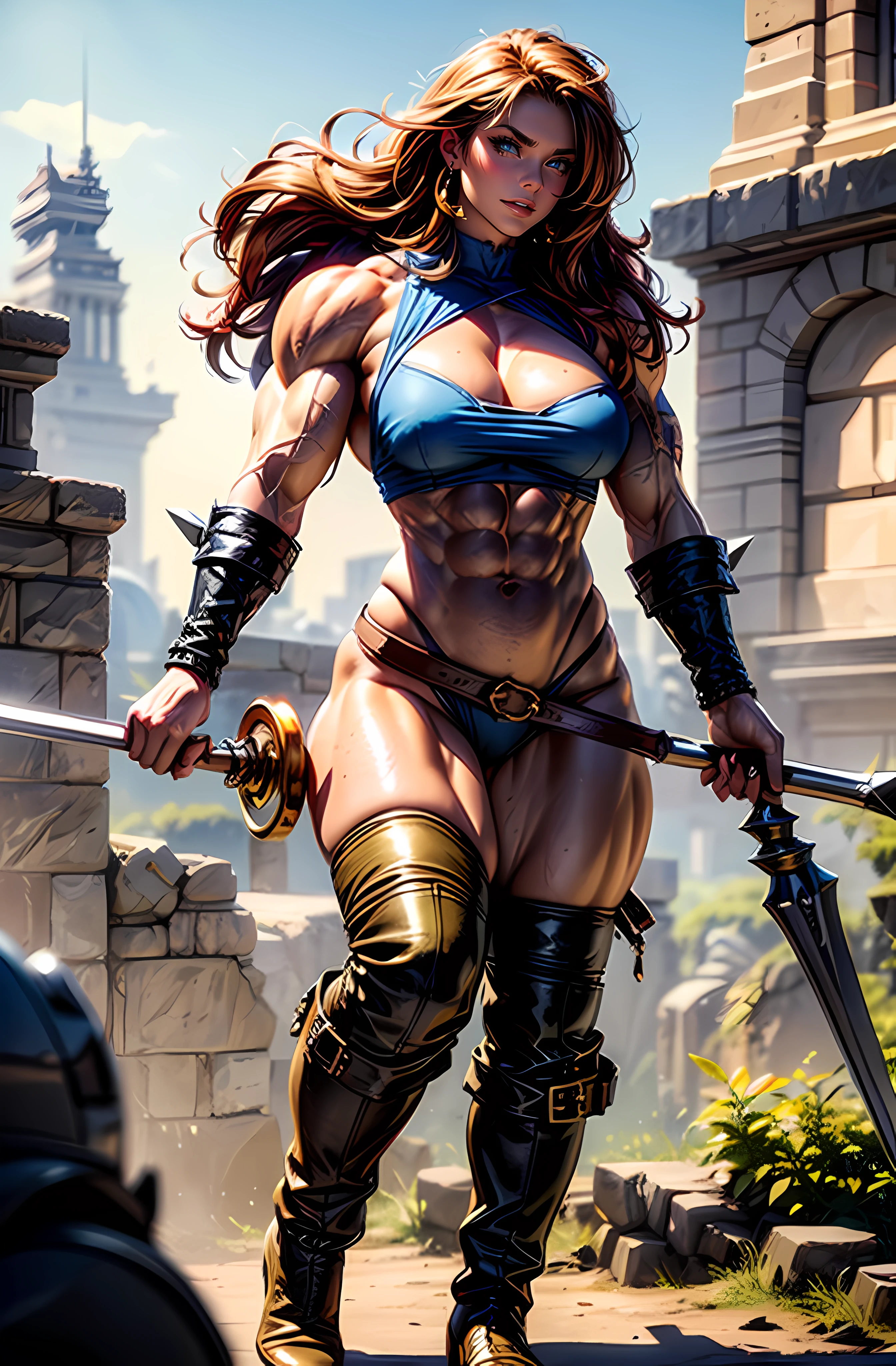 (best quality,ultra-detailed),(realistic:1.37),scene:sexy muscled female barbarian,red long hair,sexy barbarian outfit,six packs,detailed clothes,riding big wolf,scouting plain nearby,medium:oil painting,material:fine canvas,additional details:gorgeous golden accessories,jewelry,leather boots,wolf has piercing blue eyes and sharp teeth,art style:fantasy,colors:rich and vibrant,lighting:soft golden sunlight, ((((huge muscles))))