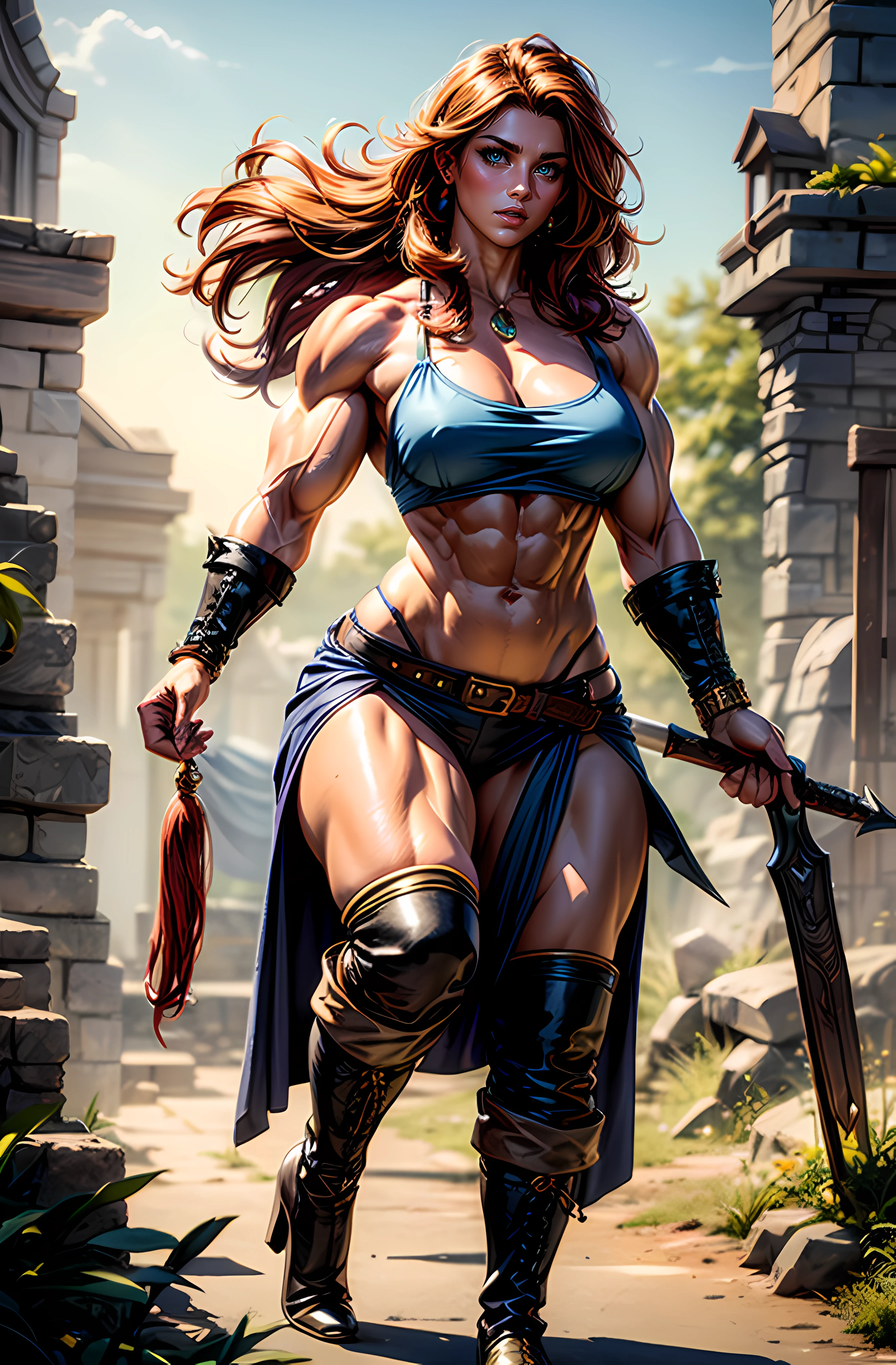 (best quality,ultra-detailed),(realistic:1.37),scene:sexy muscled female barbarian,red long hair,sexy barbarian outfit,six packs,detailed clothes,riding big wolf,scouting plain nearby,medium:oil painting,material:fine canvas,additional details:gorgeous golden accessories,jewelry,leather boots,wolf has piercing blue eyes and sharp teeth,art style:fantasy,colors:rich and vibrant,lighting:soft golden sunlight, ((((huge muscles))))