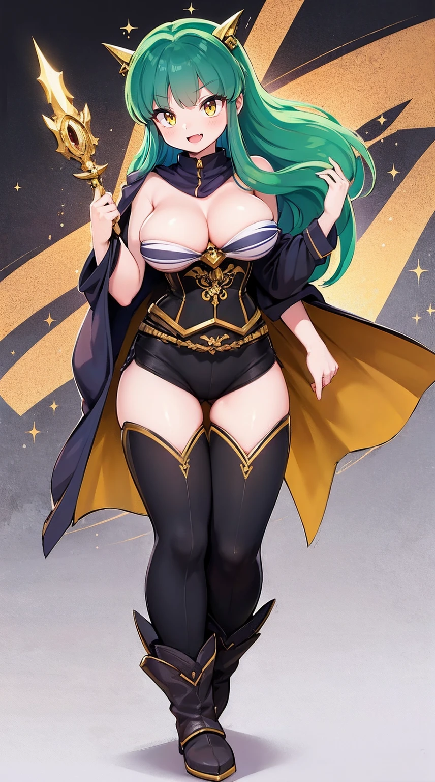 masterpiece, best quality,, corset, breastplate,lum, , urusei yatsura, cloak, pants, pullover kimono,martial pov,, pantyhose, sharpteeth, standing,smile, matial art,, full body, boots , pant, medium breast, pants, pullover,martial pov,god rays, ray tracing, sparkle, cinematic lighting, UHD, retina, masterpiece, ccurate, anatomically correct, textured skin, super detail, high details, high quality, award winning, best quality, highres, 1080P, HD, 4K, thunder aura, light aura, sharpteeth,, super powers, full body, standing, kimono,woman-medieval-clothes, fangs, smile, green hair,, teeth, t, long hair,takahashi rumiko, big breast, yellow eyes