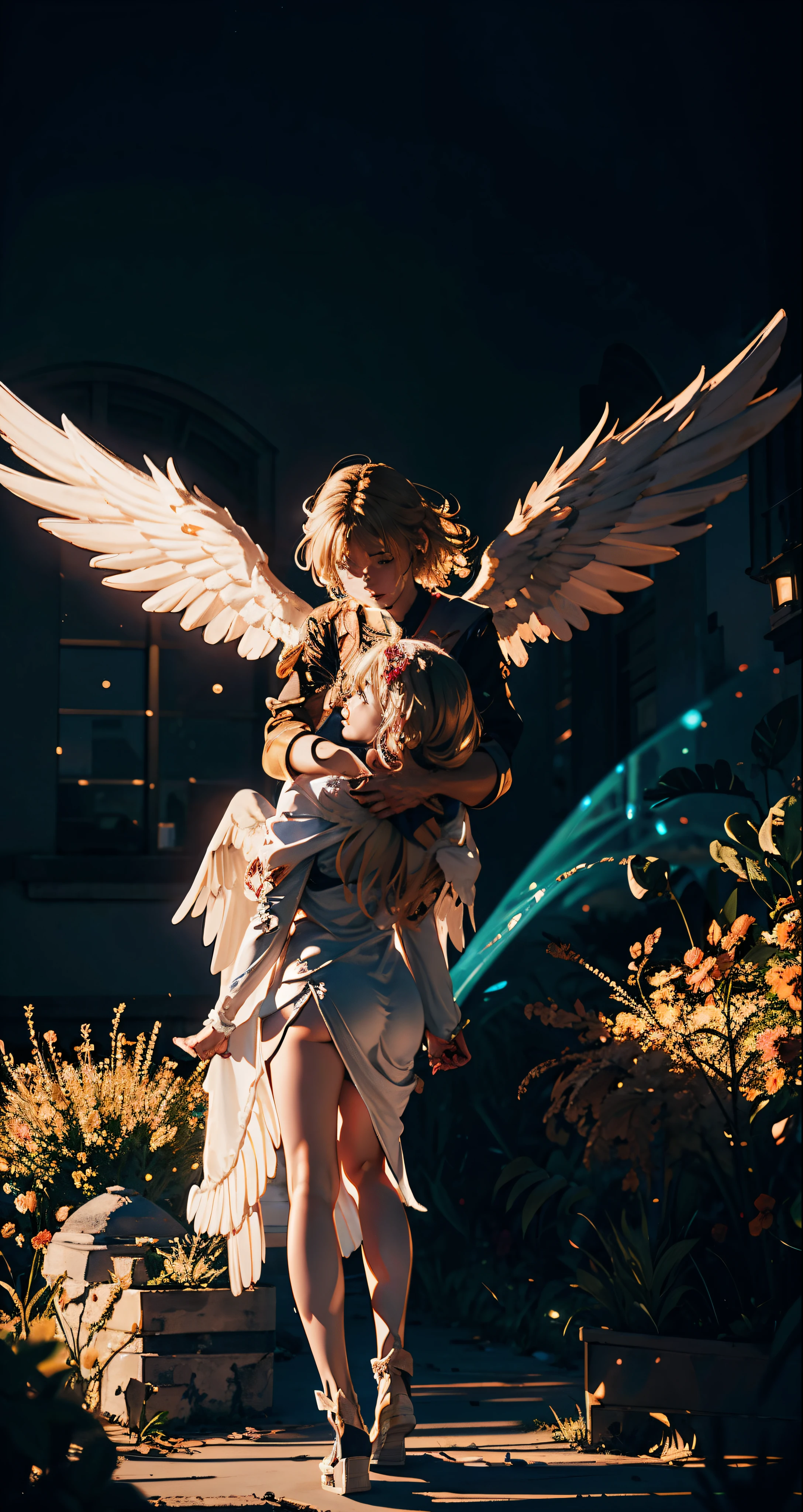 Scene of an angel protecting a person with its wings around them, 8k, hyper realistic, vibrant colors, global illumination