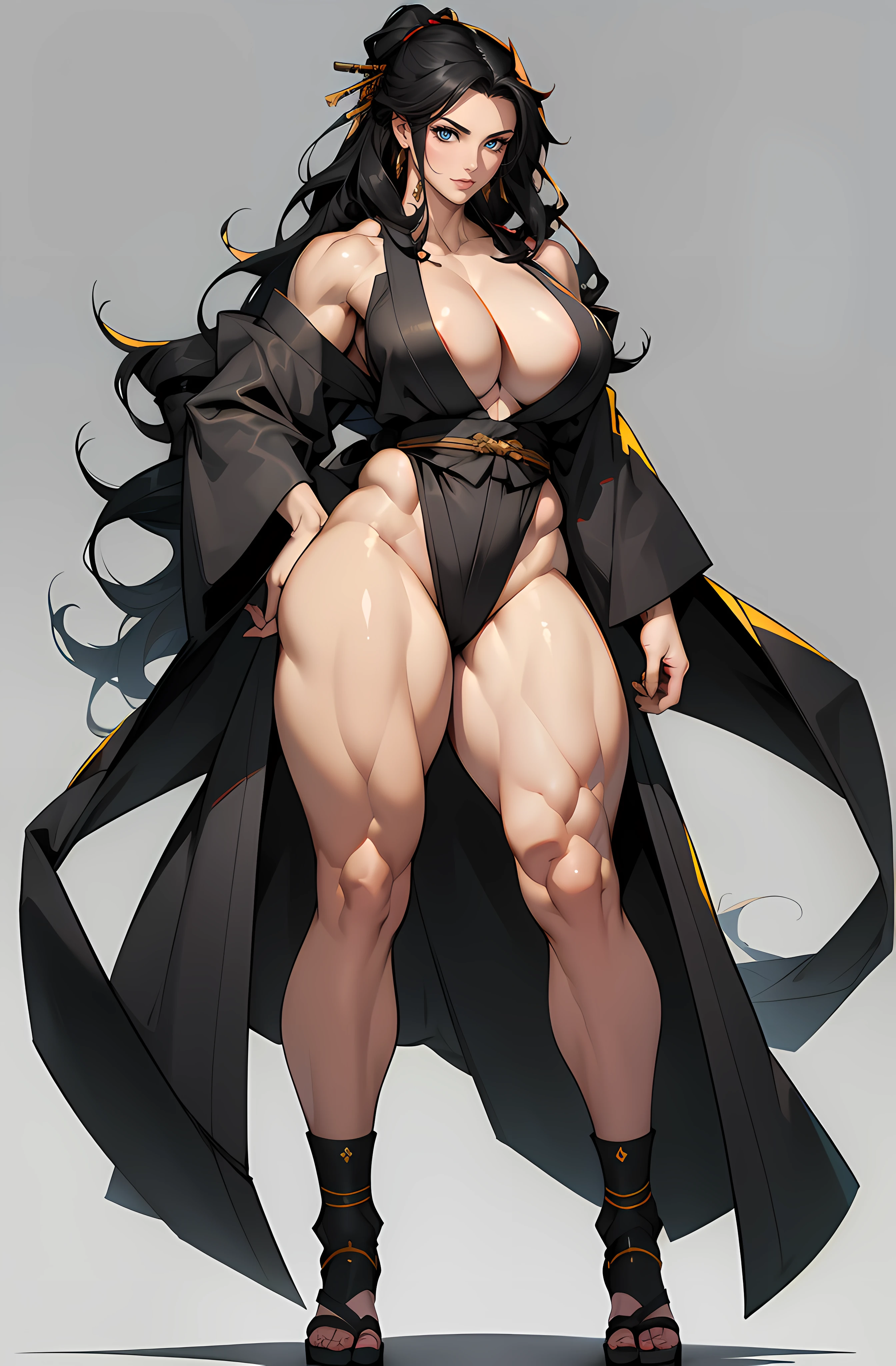 ((grey background)), solo, ((((1 girl)))), very long hair, black hair, angry, yellow eyes, (((((muscular))))), ((huge tits)), ((thick thighs)), ((wide hips)), (full body), pale skin, (kimono), standing, wavy hair