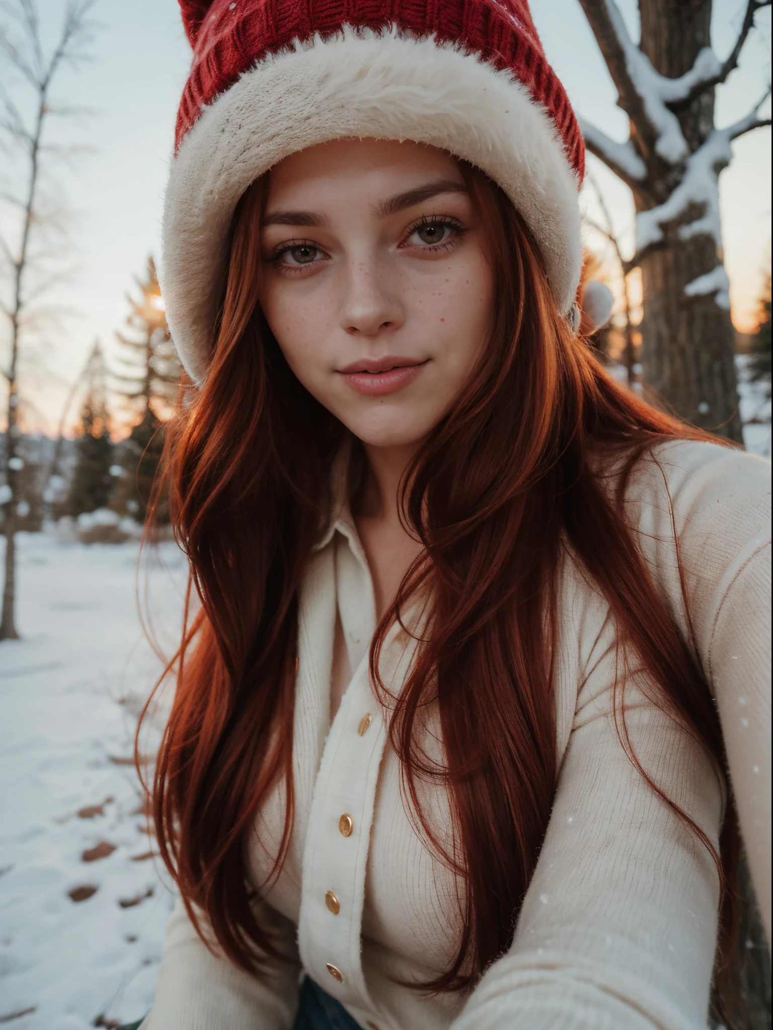 Smiling, Selfie photo on an old phone, polaroid filter, winter, with red hair , Sexy young woman. Very cute girl with lovely big eyes and beautiful plump lips. , a bit like Scarlett Johansson and Milla Jovovich, when she was younger, Juicy figure, big breastes, wide thighs, takes a selfie on the phone in front of a tree, red hair and freckles, red hair with freckles, Winter atmosphere, Winter hat, Smiling